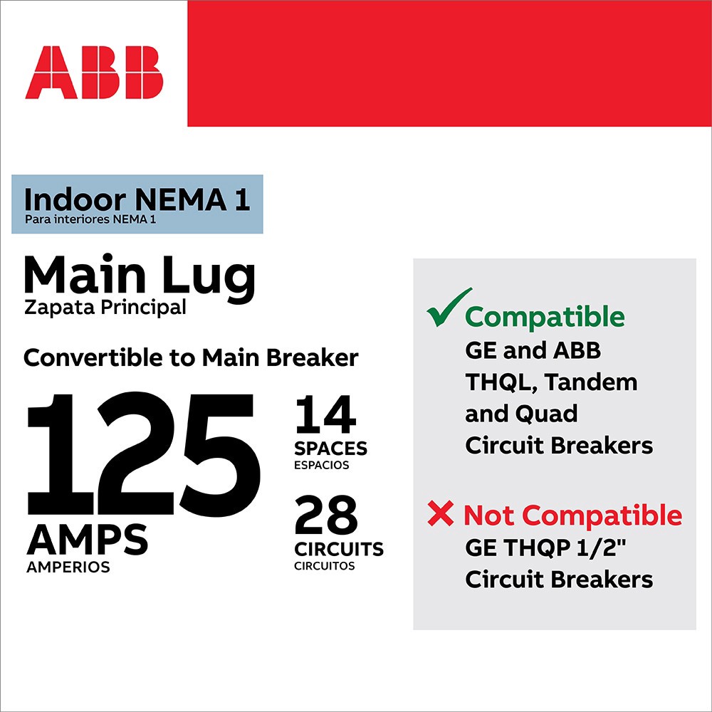 slide 4 of 6, ABB ReliaHome T-Series 125 -Amp 12 -Spaces 24 -Circuit Indoor Convertible Main Lug Load Center, 1 ct