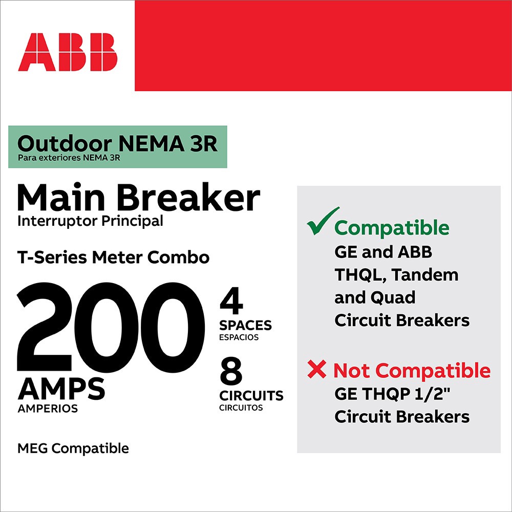 slide 3 of 6, ABB ReliaHome 200 -Amp 4 -Spaces 16 -Circuit Outdoor Main Breaker Meter Combo Load Center, 1 ct