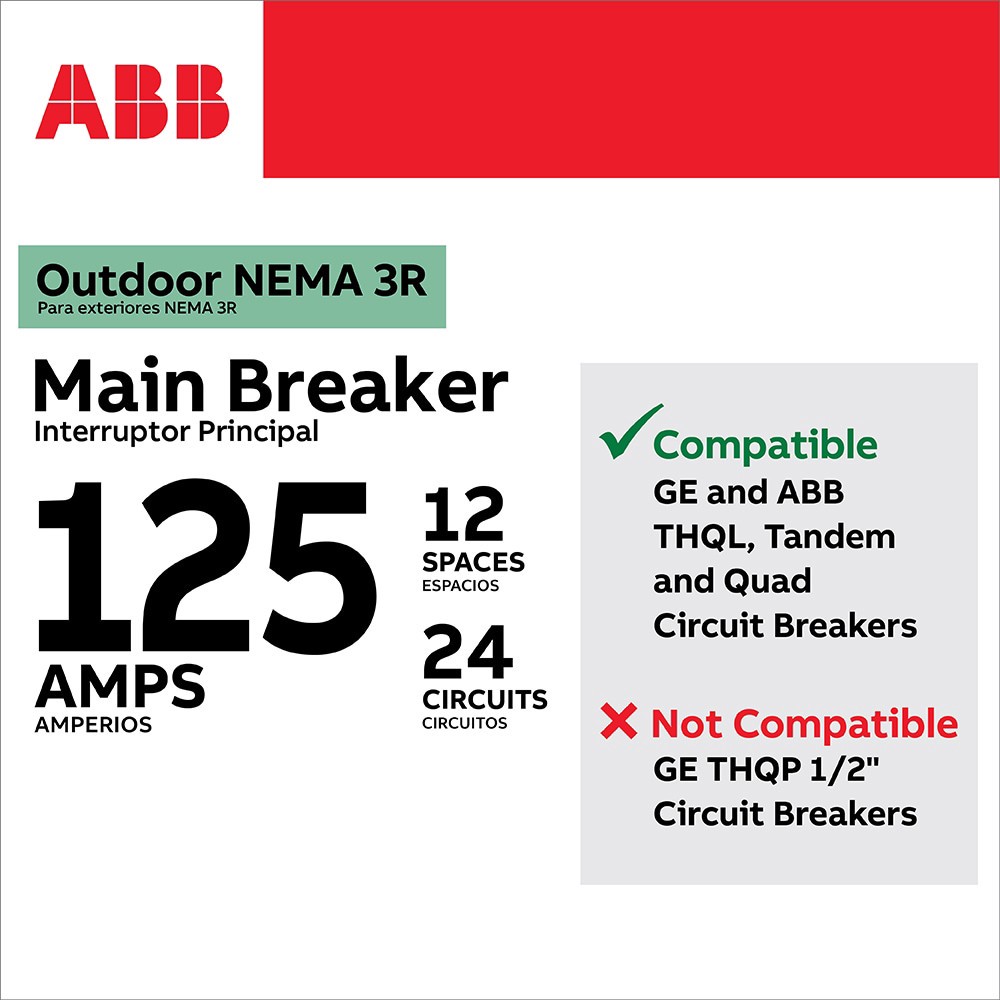 slide 3 of 4, ABB ReliaHome T-Series 125 -Amp 12 -Spaces 24 -Circuit Outdoor Main Breaker Load Center (Value Pack), 1 ct
