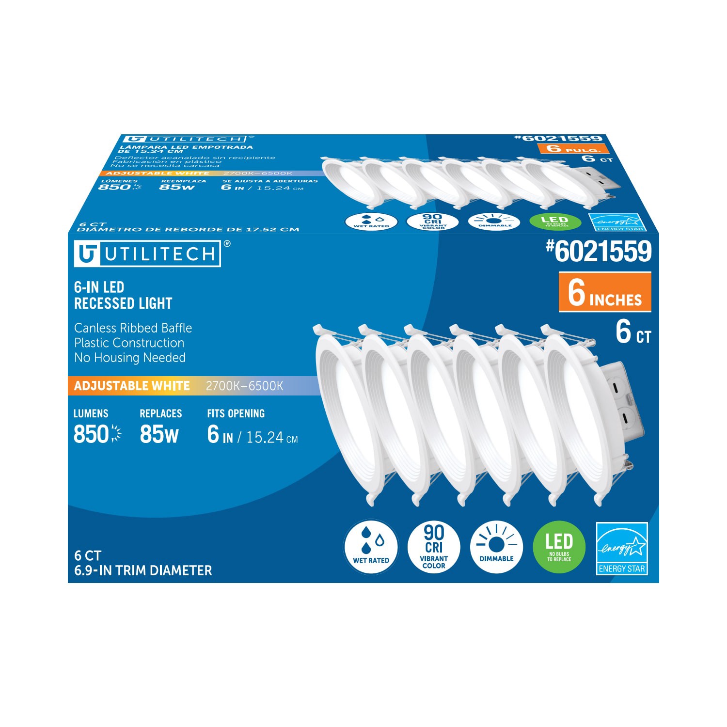 slide 3 of 6, Utilitech White 6-in 850 -Lumens Switchable white Round Dimmable LED Canless Wet rated Recessed Downlight 6 -Pack, 1 ct