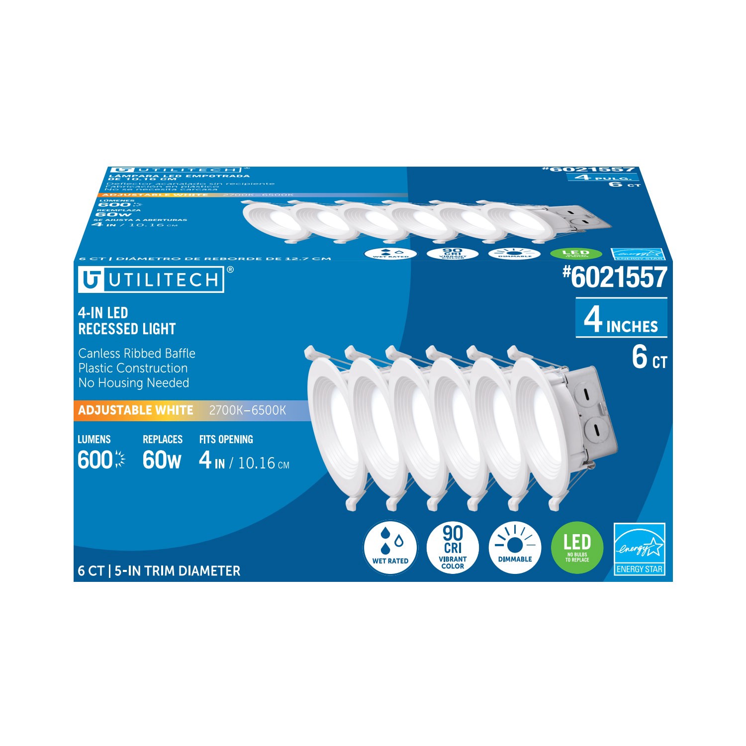slide 3 of 6, Utilitech White 4-in 600 -Lumens Switchable white Round Dimmable LED Canless Wet rated Recessed Downlight 6 -Pack, 1 ct