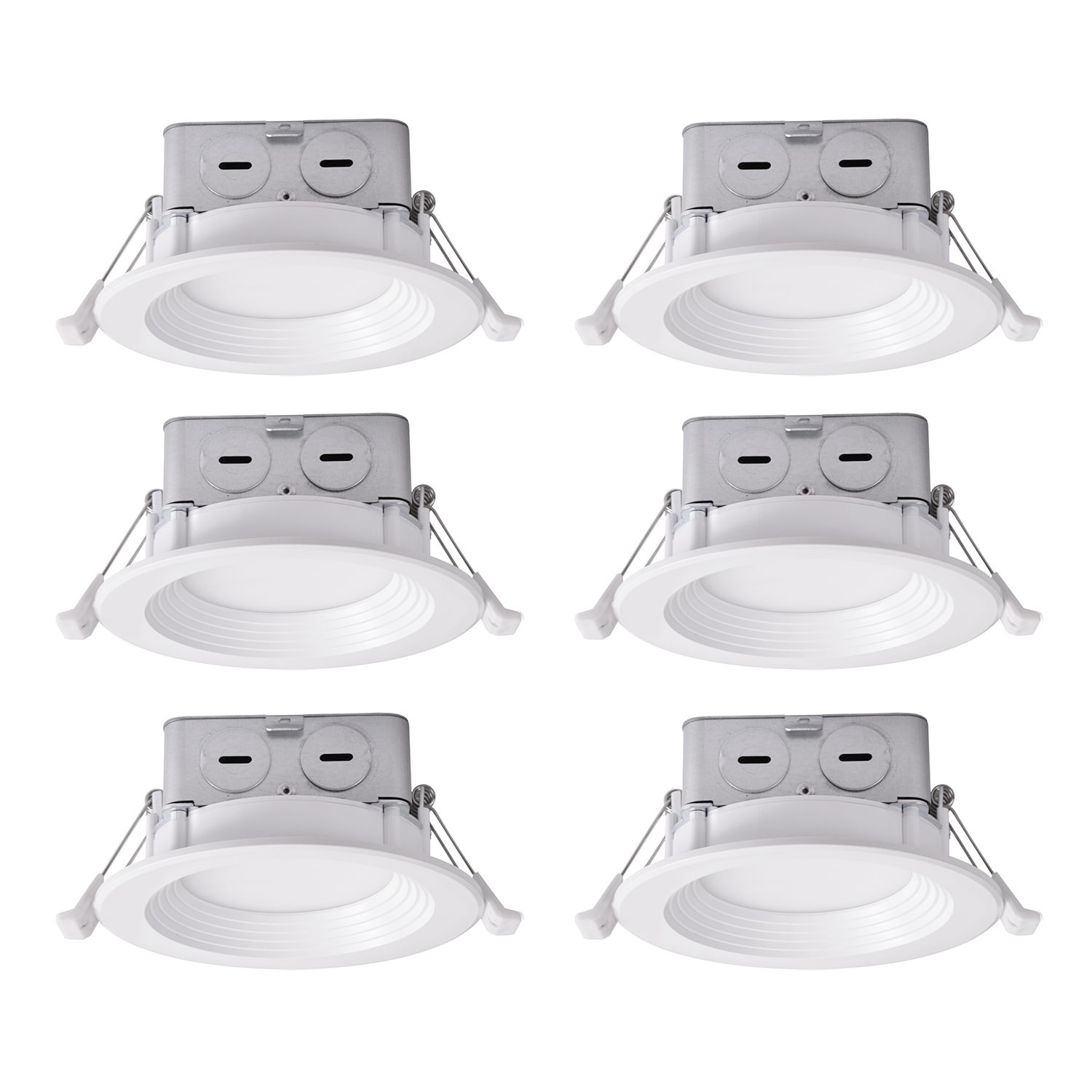 slide 1 of 6, Utilitech White 4-in 600 -Lumens Switchable white Round Dimmable LED Canless Wet rated Recessed Downlight 6 -Pack, 1 ct
