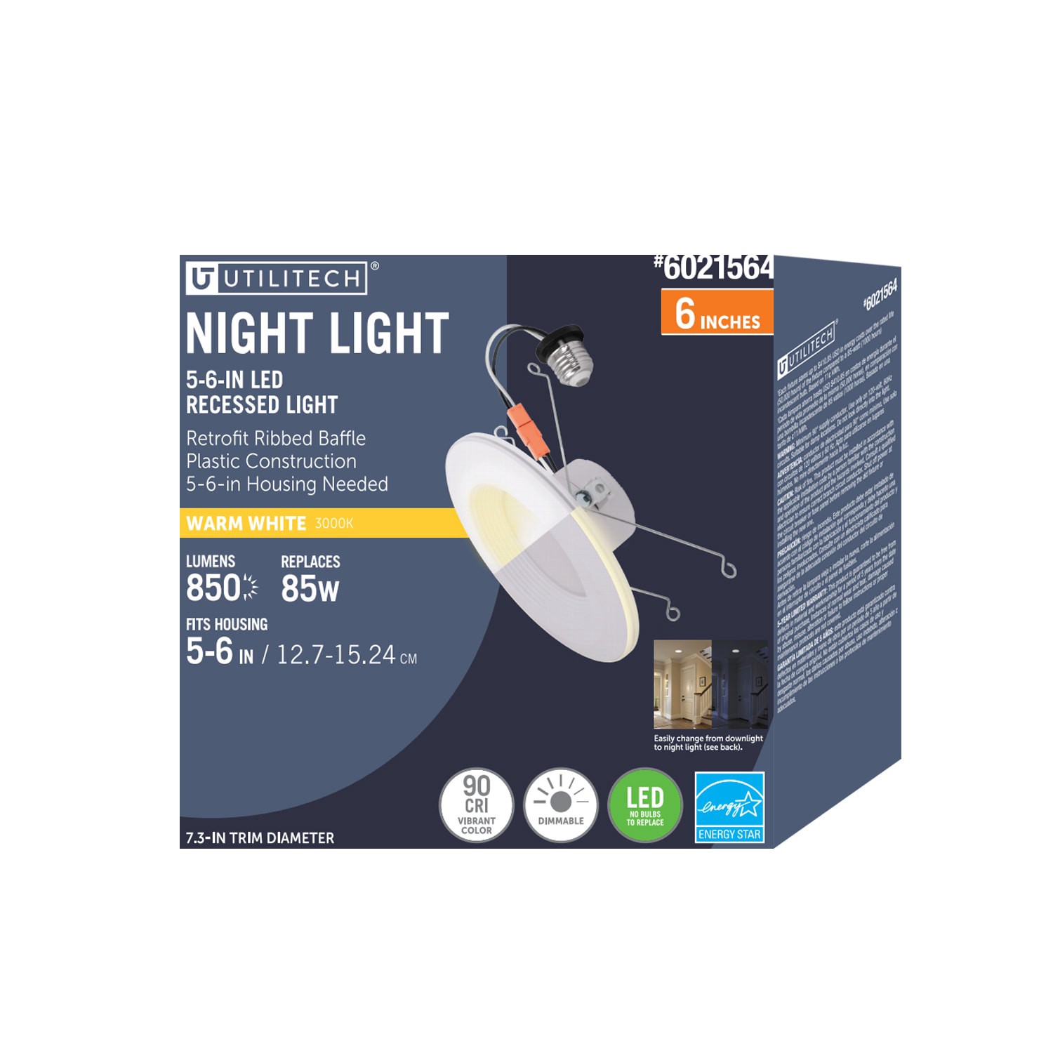 slide 2 of 6, Utilitech white 5-in or 6-in 850 -Lumens Warm White Round Dimmable LED Damp rated Recessed Downlight, 1 ct