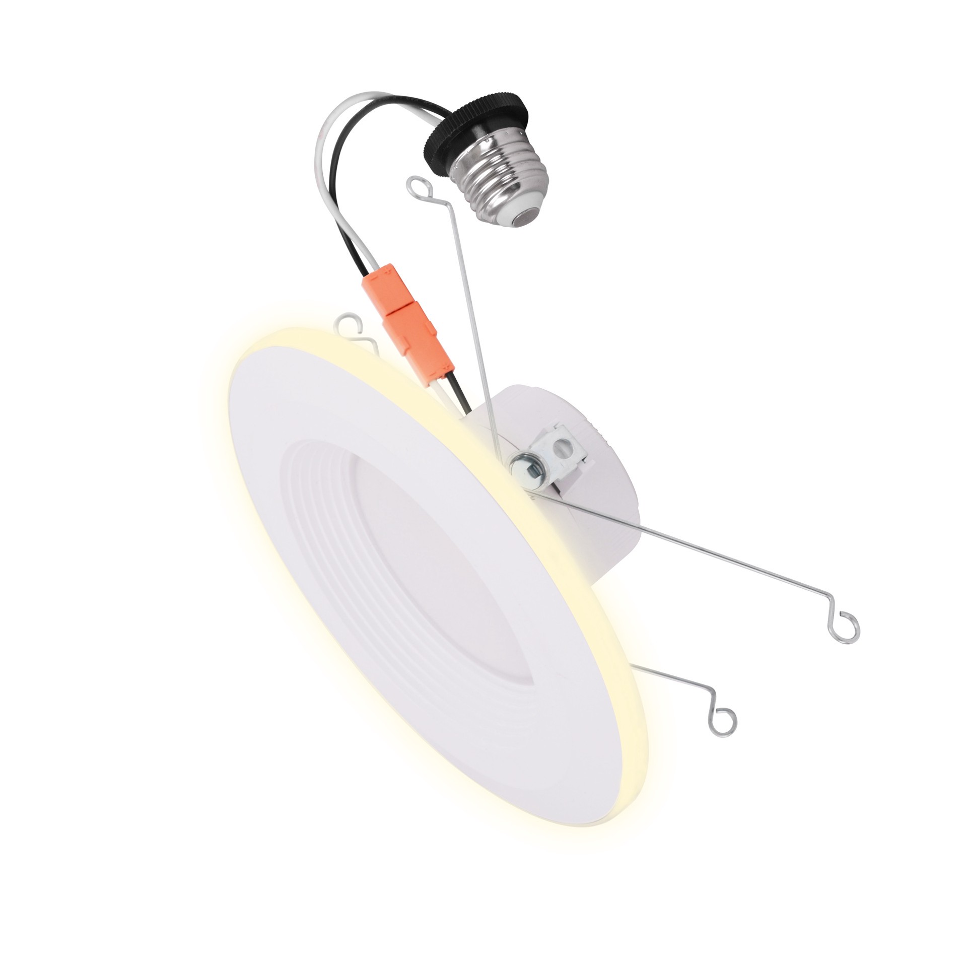 slide 1 of 6, Utilitech white 5-in or 6-in 850 -Lumens Warm White Round Dimmable LED Damp rated Recessed Downlight, 1 ct