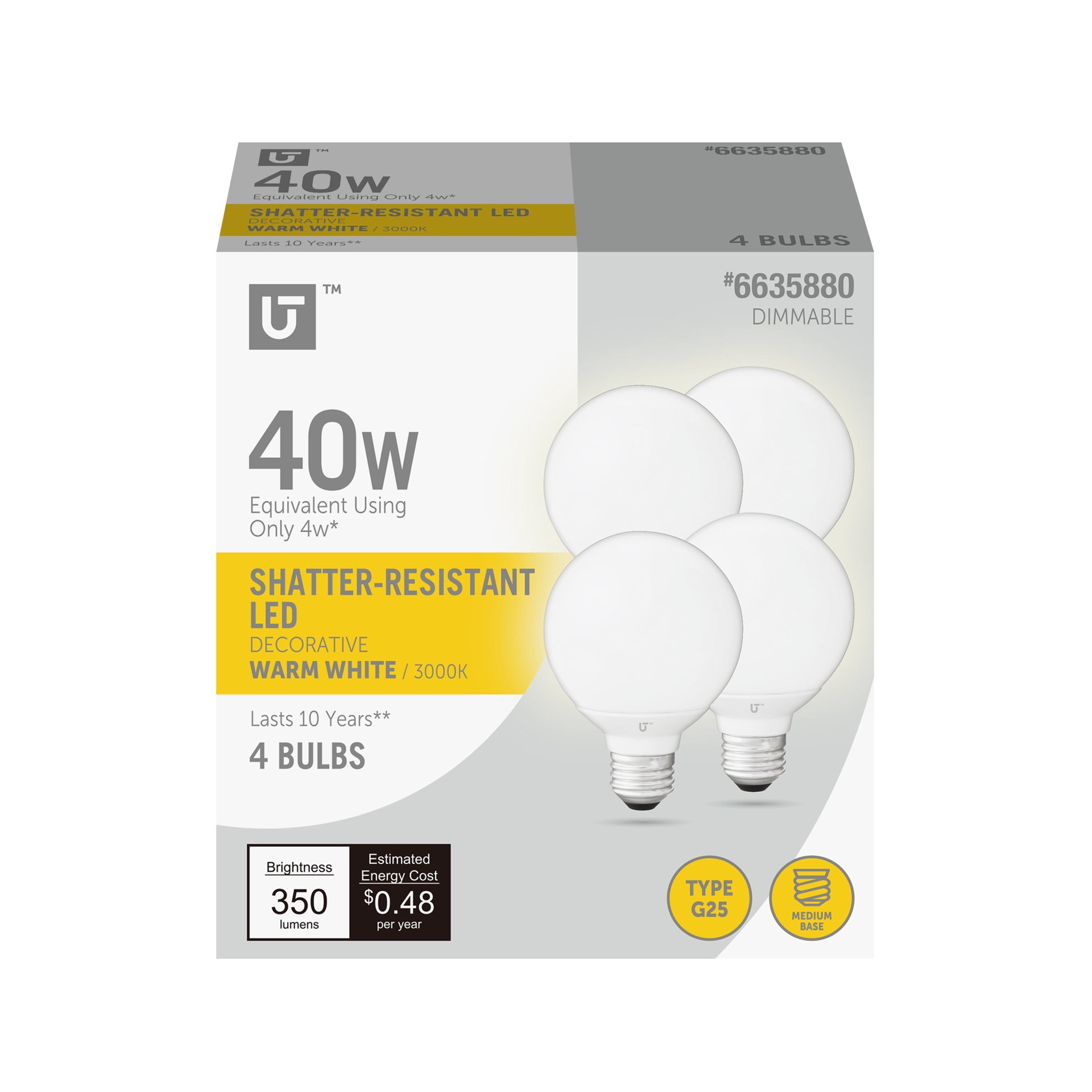 slide 1 of 6, Utilitech Led light bulb 40 -Watt EQ G25 Warm white Medium base (E-26) Dimmable LED Decorative Light Bulb 4 -Pack, 1 ct