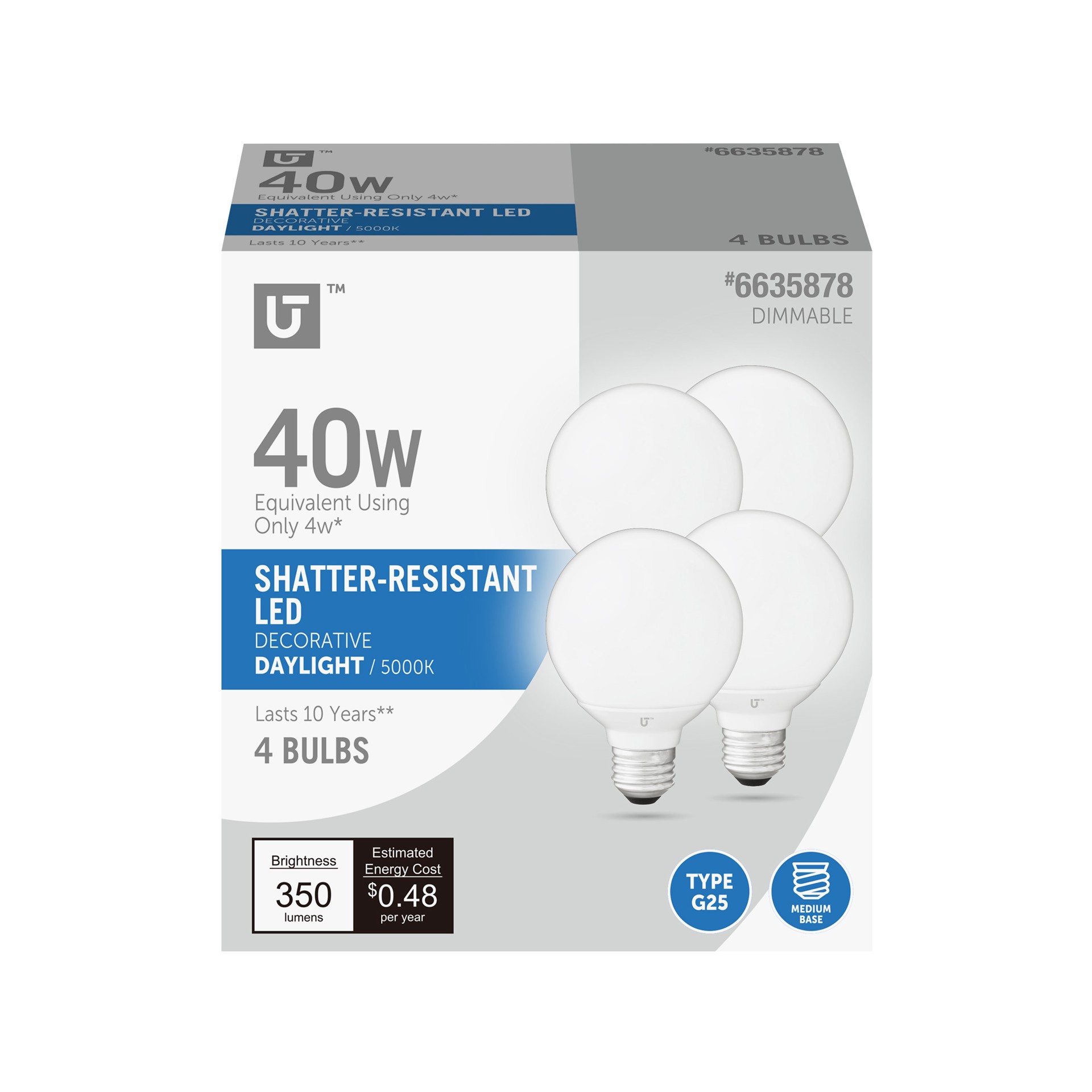 slide 1 of 6, Utilitech Led light bulb 40 -Watt EQ G25 Daylight Medium base (E-26) Dimmable LED Decorative Light Bulb 4 -Pack, 1 ct