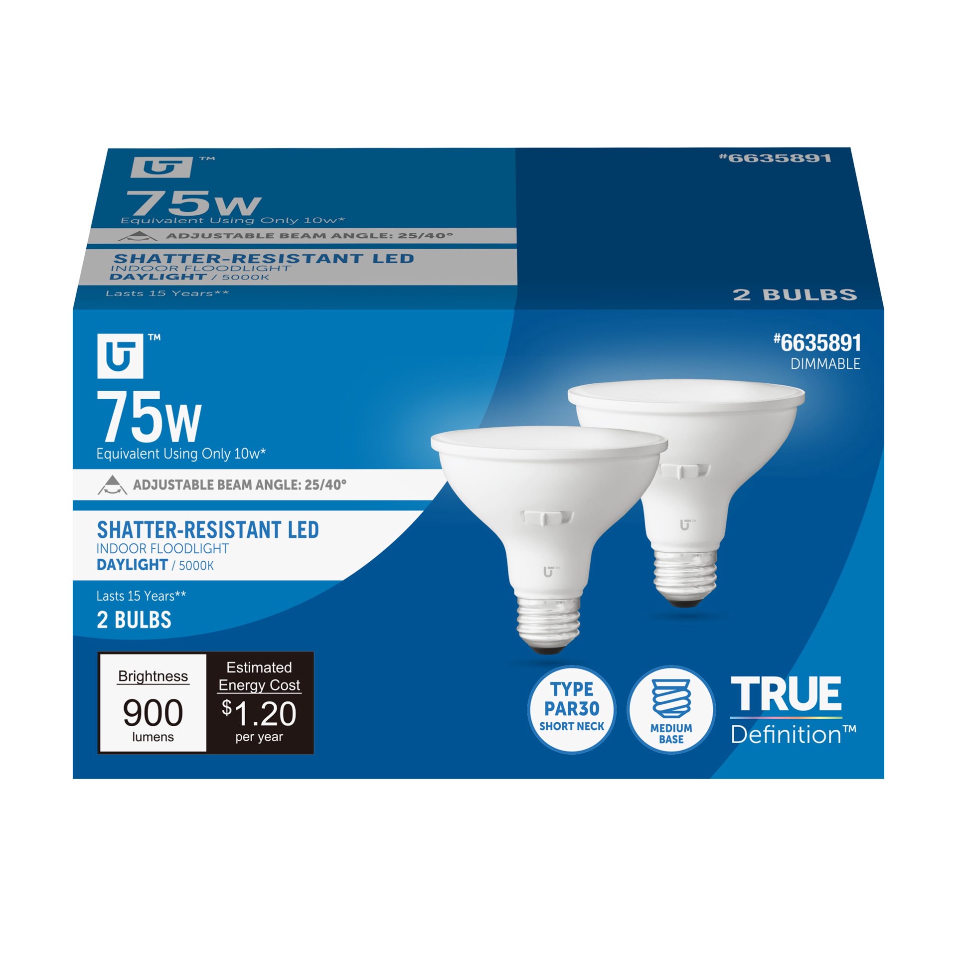 slide 1 of 6, Utilitech Led light bulb 75 -Watt EQ PAR30 Short Neck Daylight Medium base (E-26) Dimmable LED Spot Flood Light Bulb 2 -Pack, 1 ct