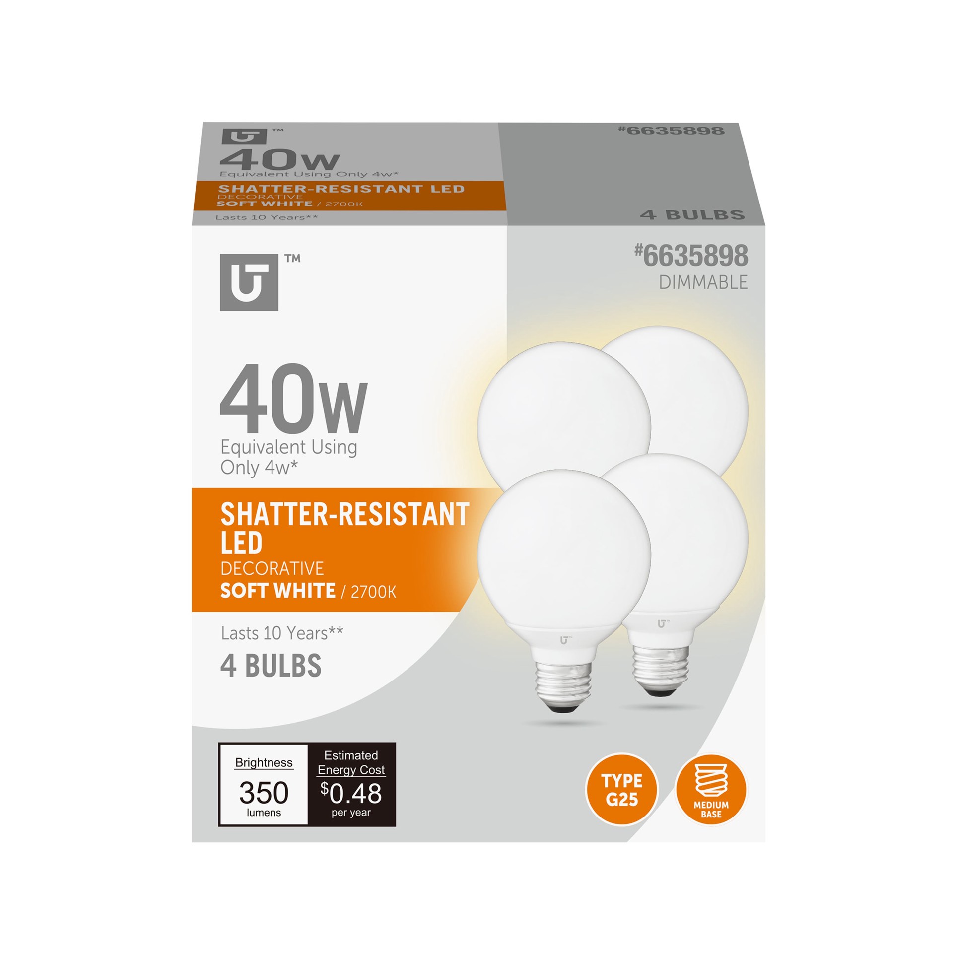 slide 1 of 6, Utilitech Led light bulb 40 -Watt EQ G25 Soft white Medium base (E-26) Dimmable LED Decorative Light Bulb 4 -Pack, 1 ct