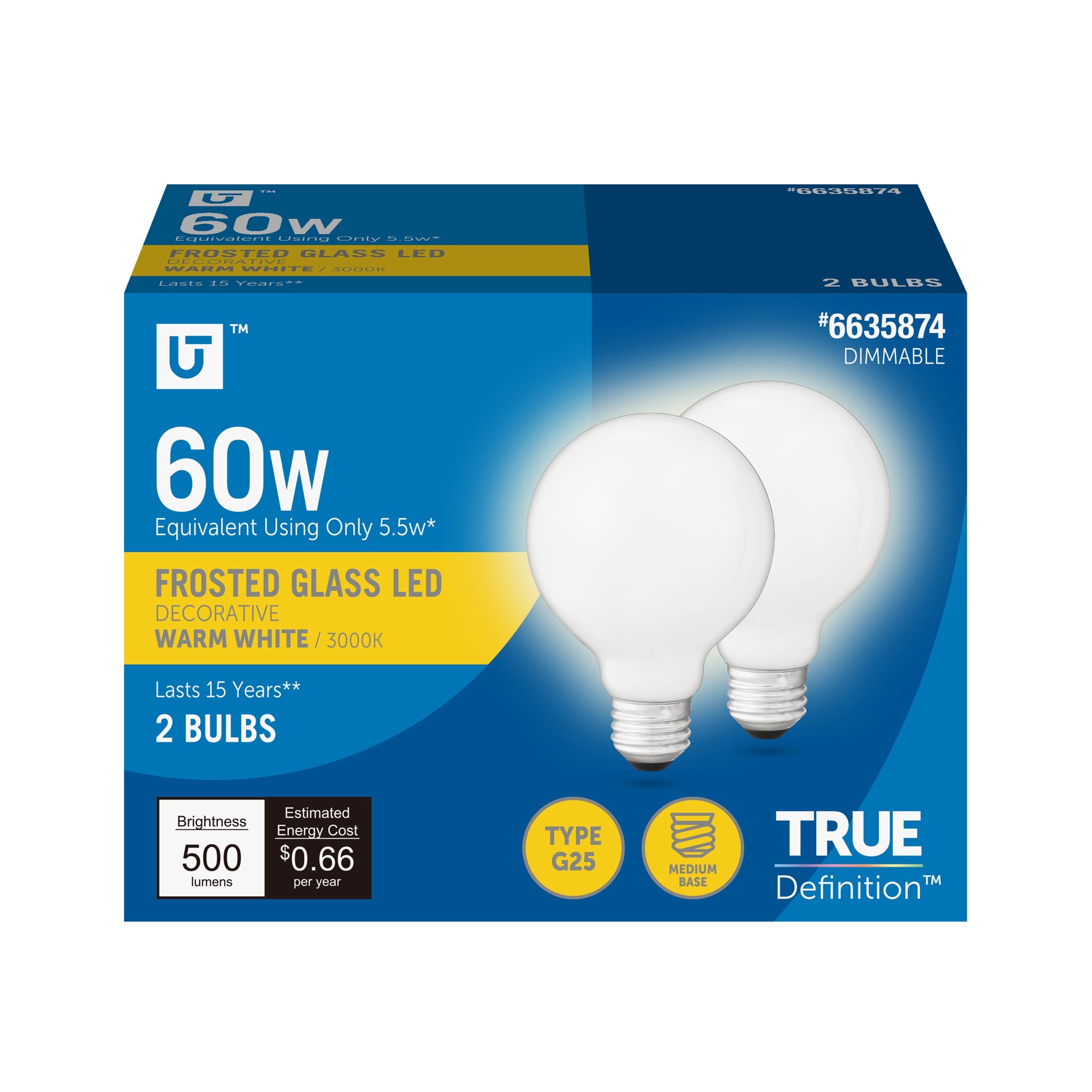 slide 1 of 6, Utilitech Led light bulb 60 -Watt EQ G25 Warm white E26 Dimmable LED Decorative Light Bulb 2 -Pack, 1 ct