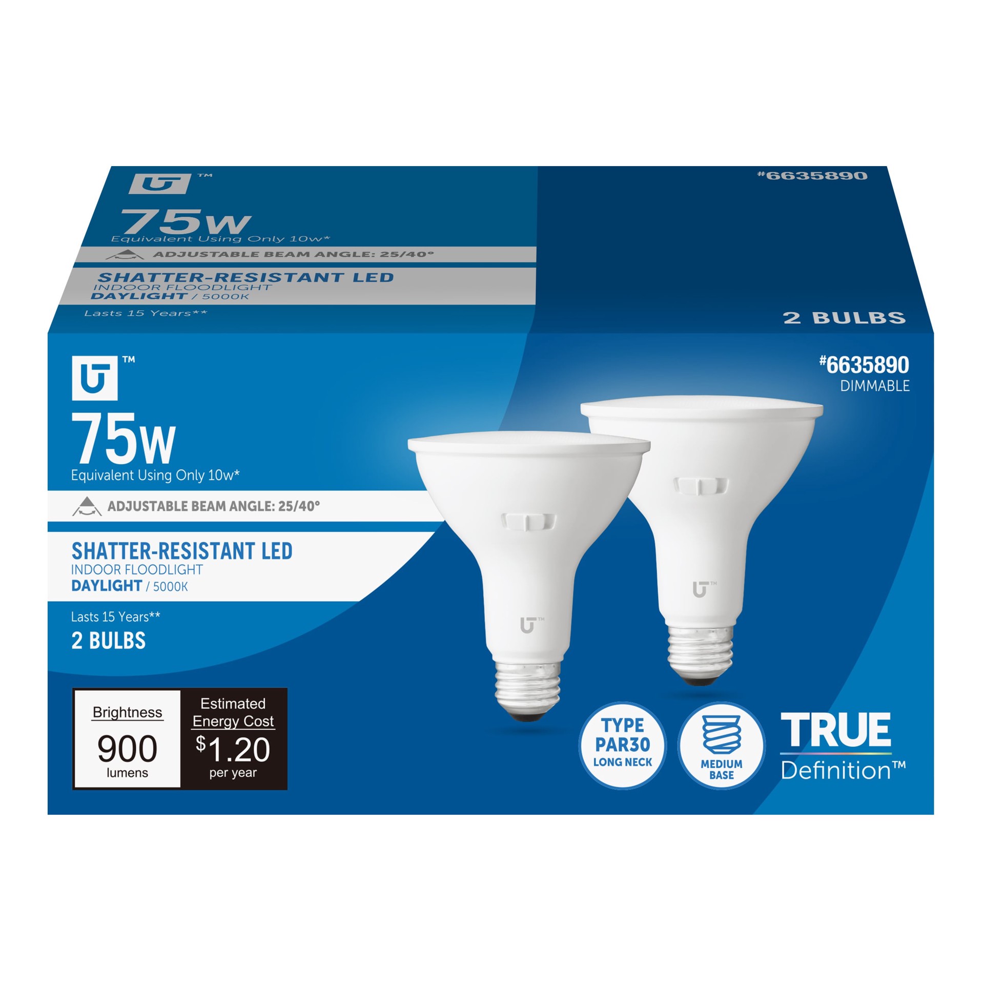 slide 1 of 6, Utilitech Led light bulb 75 -Watt EQ PAR30 Long Neck Daylight E26 Dimmable LED Spot Flood Light Bulb 2 -Pack, 1 ct