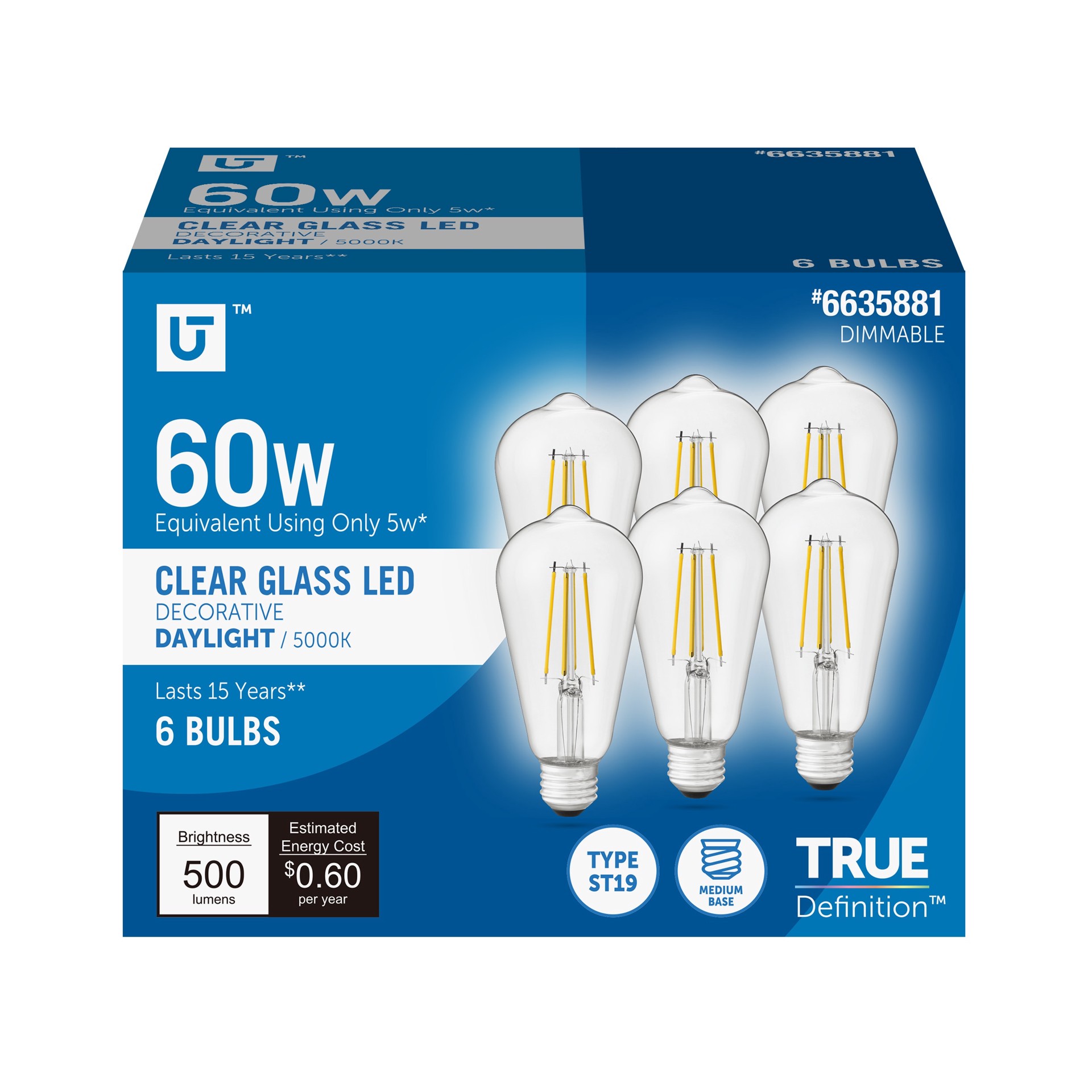 slide 1 of 6, Utilitech Led light bulb 60 -Watt EQ ST19 Daylight E26 Dimmable LED Decorative Light Bulb 6 -Pack, 1 ct