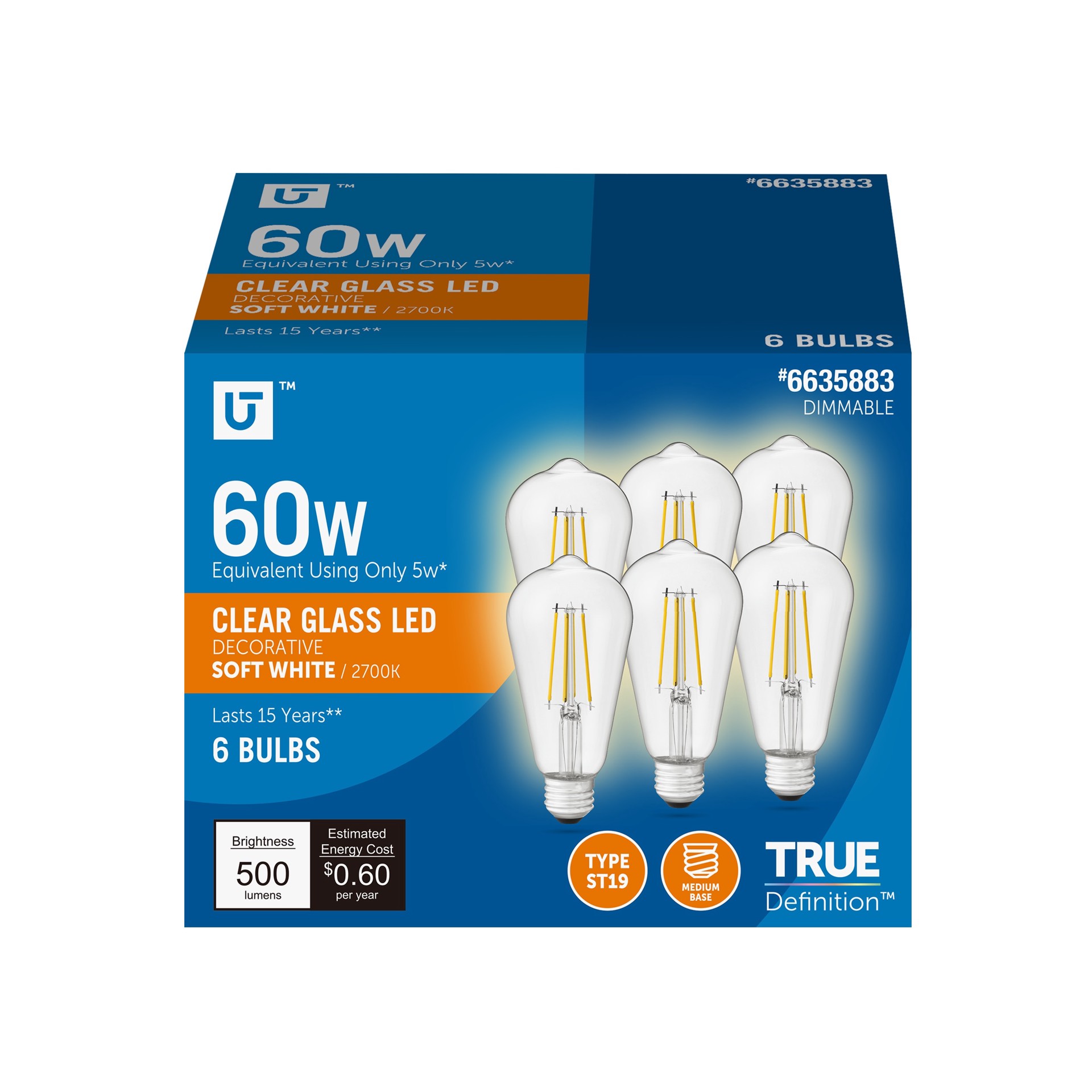 slide 1 of 6, Utilitech Led light bulb 60 -Watt EQ ST19 Soft white E26 Dimmable LED Decorative Light Bulb 6 -Pack, 1 ct