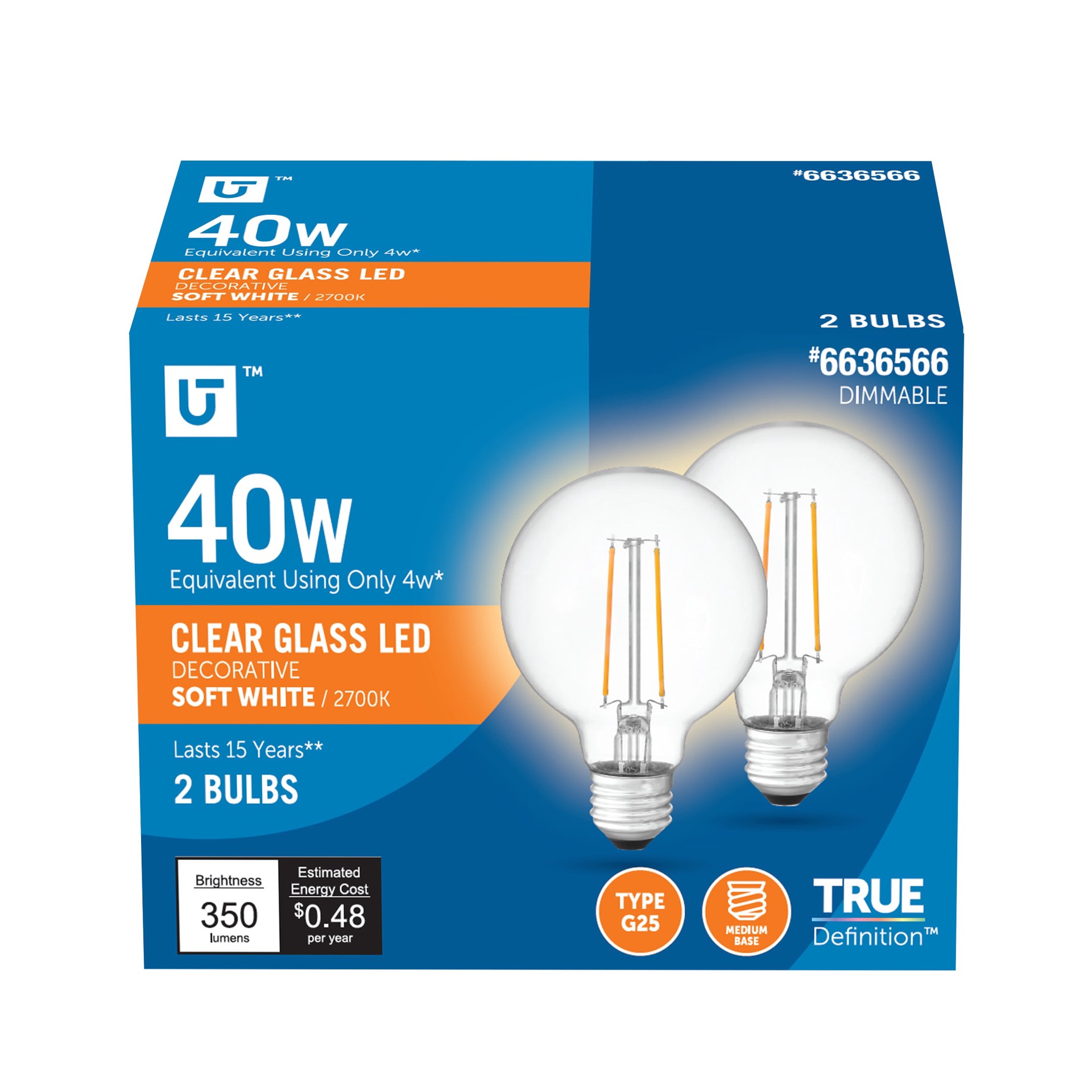 slide 1 of 6, Utilitech 40 -Watt EQ G25 Soft white E26 Dimmable LED General purpose Light Bulb 2 -Pack, 1 ct