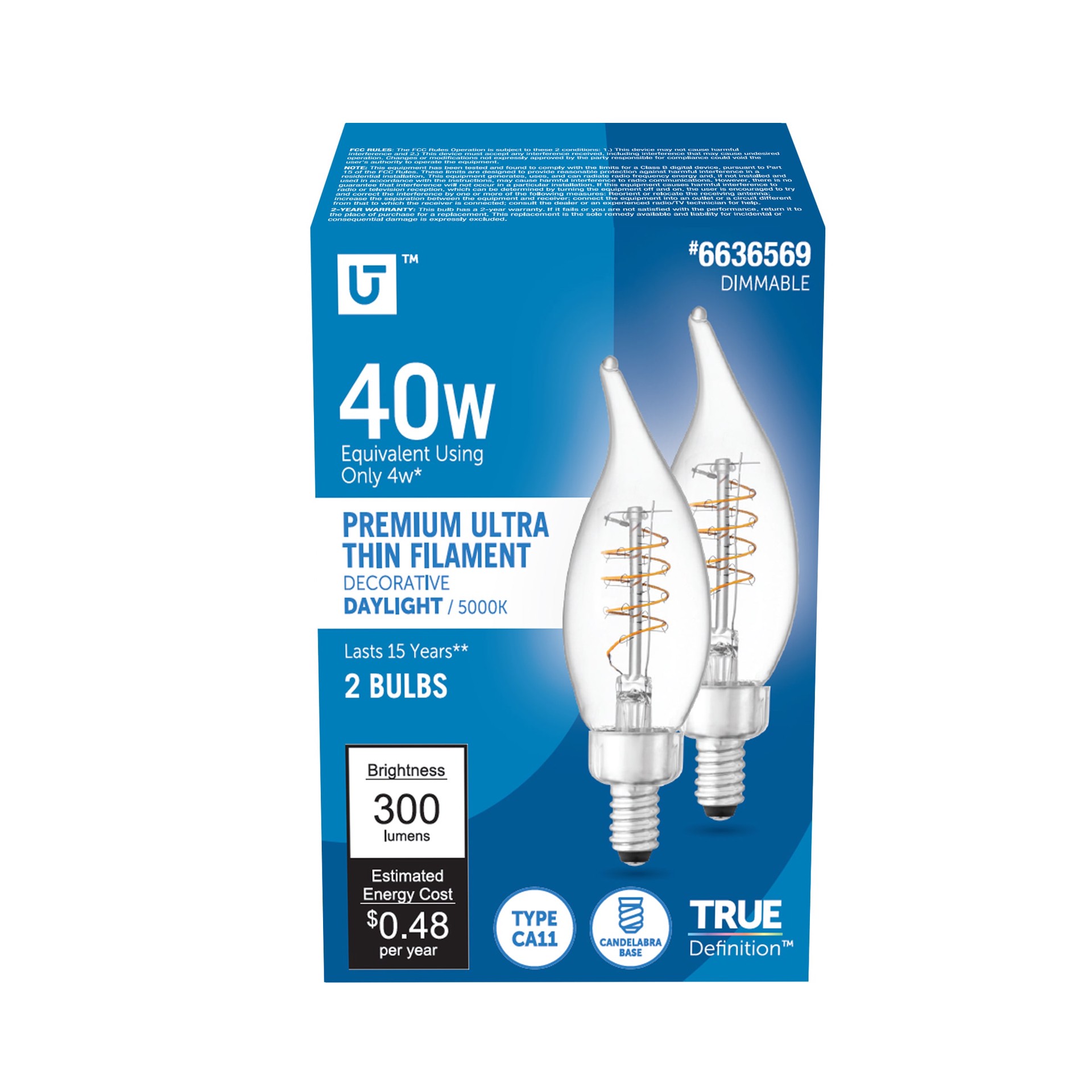 slide 1 of 6, Utilitech 40 -Watt EQ CA11 Daylight Candelabra base (E-12) Dimmable LED General purpose Light Bulb 2 -Pack, 1 ct