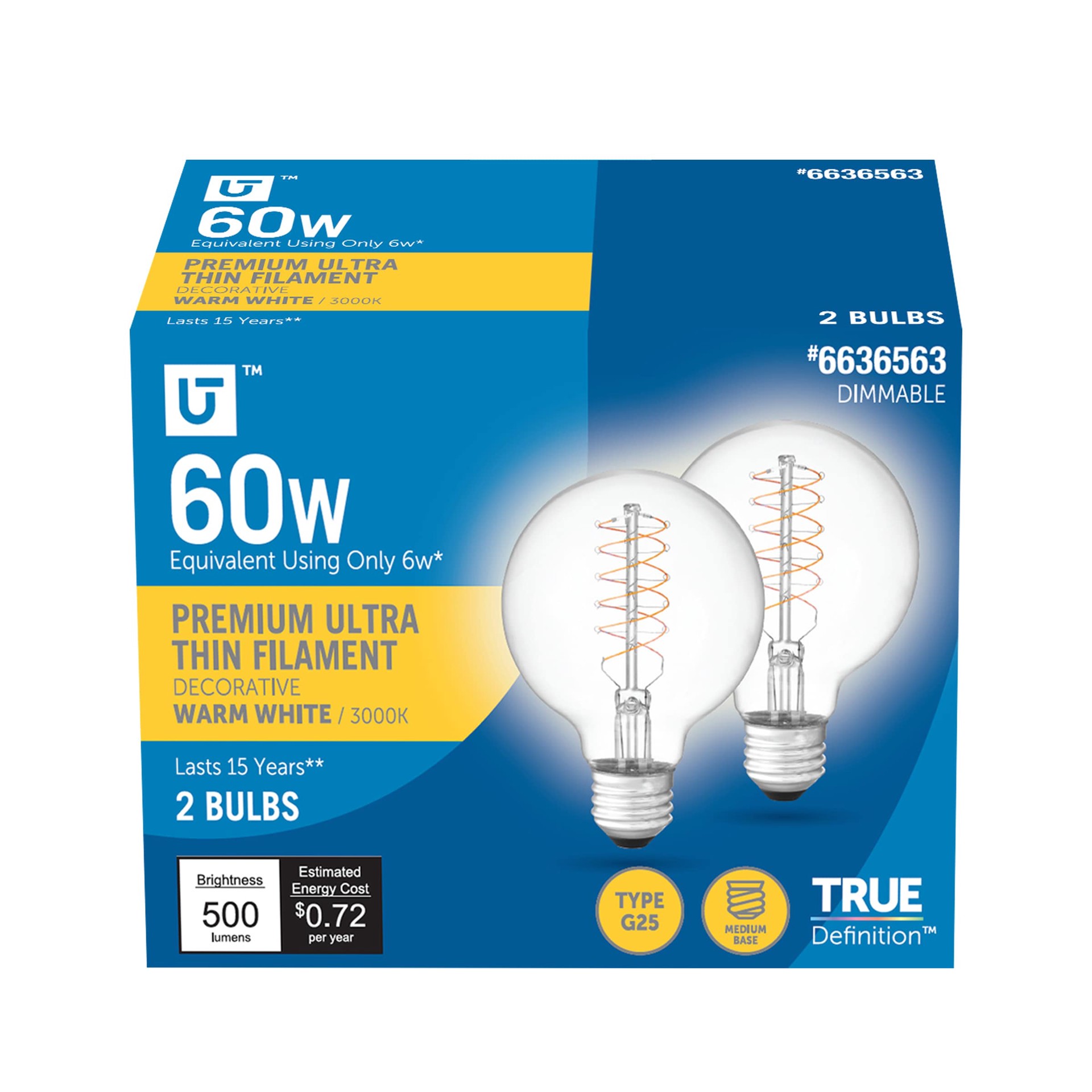 slide 1 of 6, Utilitech 60 -Watt EQ G25 Warm white E26 Dimmable LED General purpose Light Bulb 2 -Pack, 1 ct