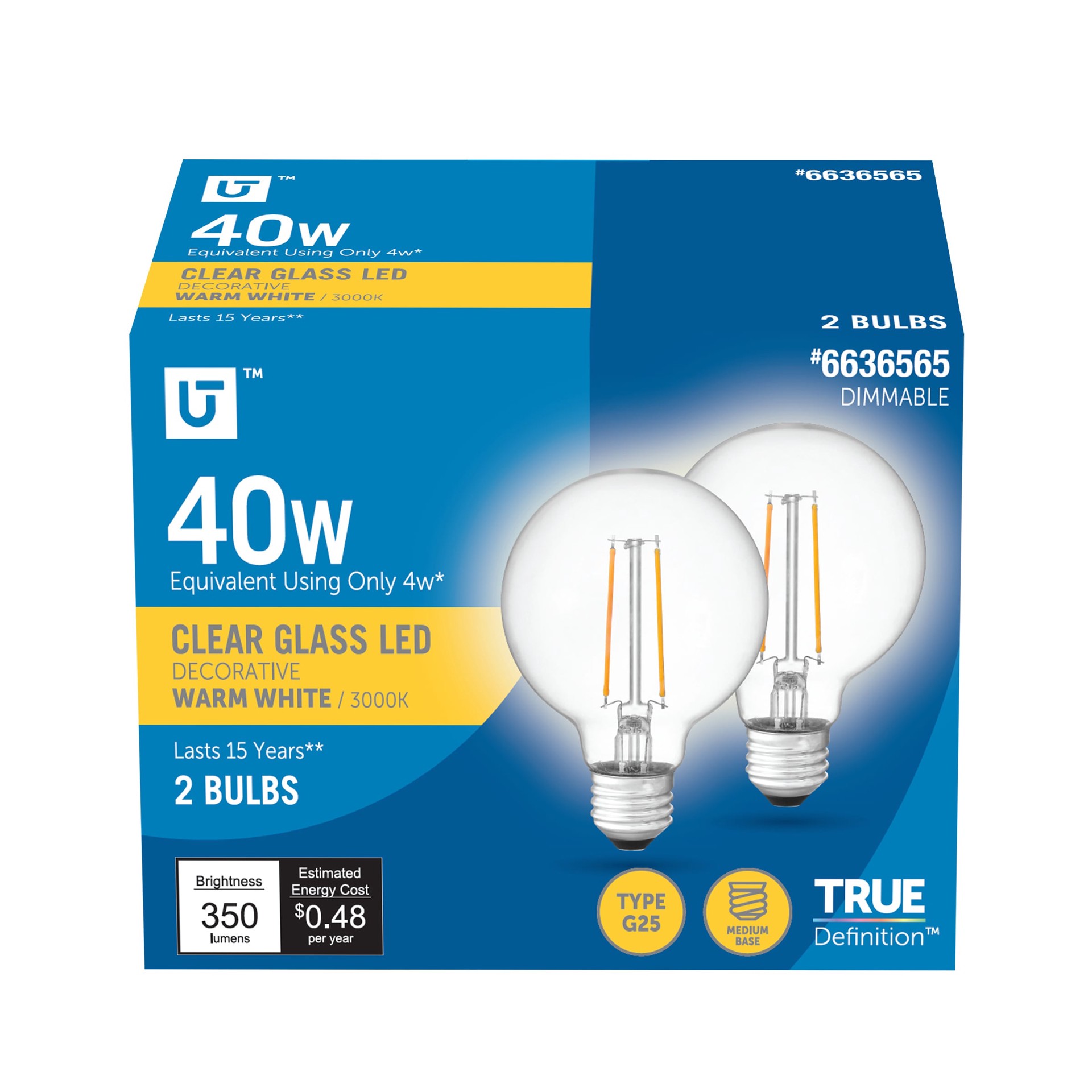 slide 1 of 6, Utilitech 40 -Watt EQ G25 Warm white E26 Dimmable LED General purpose Light Bulb 2 -Pack, 1 ct