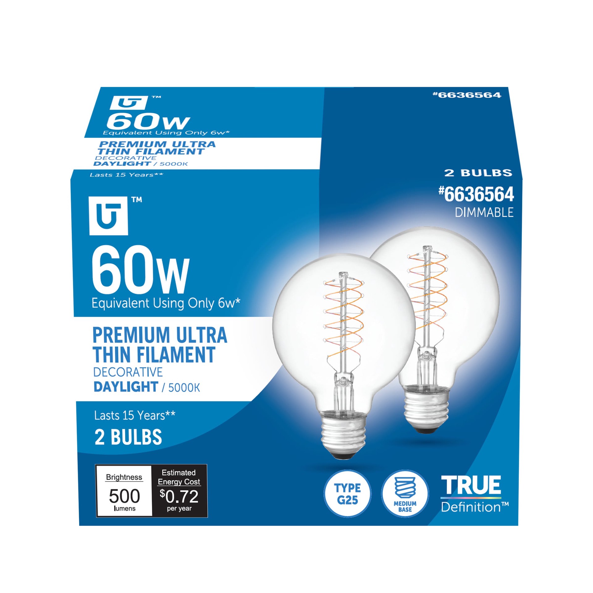 slide 1 of 6, Utilitech 60 -Watt EQ G25 Daylight E26 Dimmable LED General purpose Light Bulb 2 -Pack, 1 ct