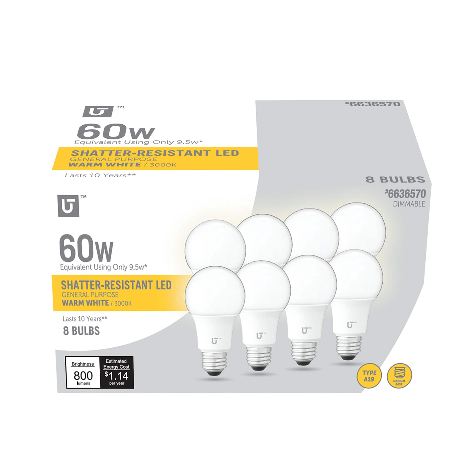 slide 1 of 6, Utilitech 60 -Watt EQ A19 Warm white E26 Dimmable LED General purpose Light Bulb 8 -Pack, 1 ct