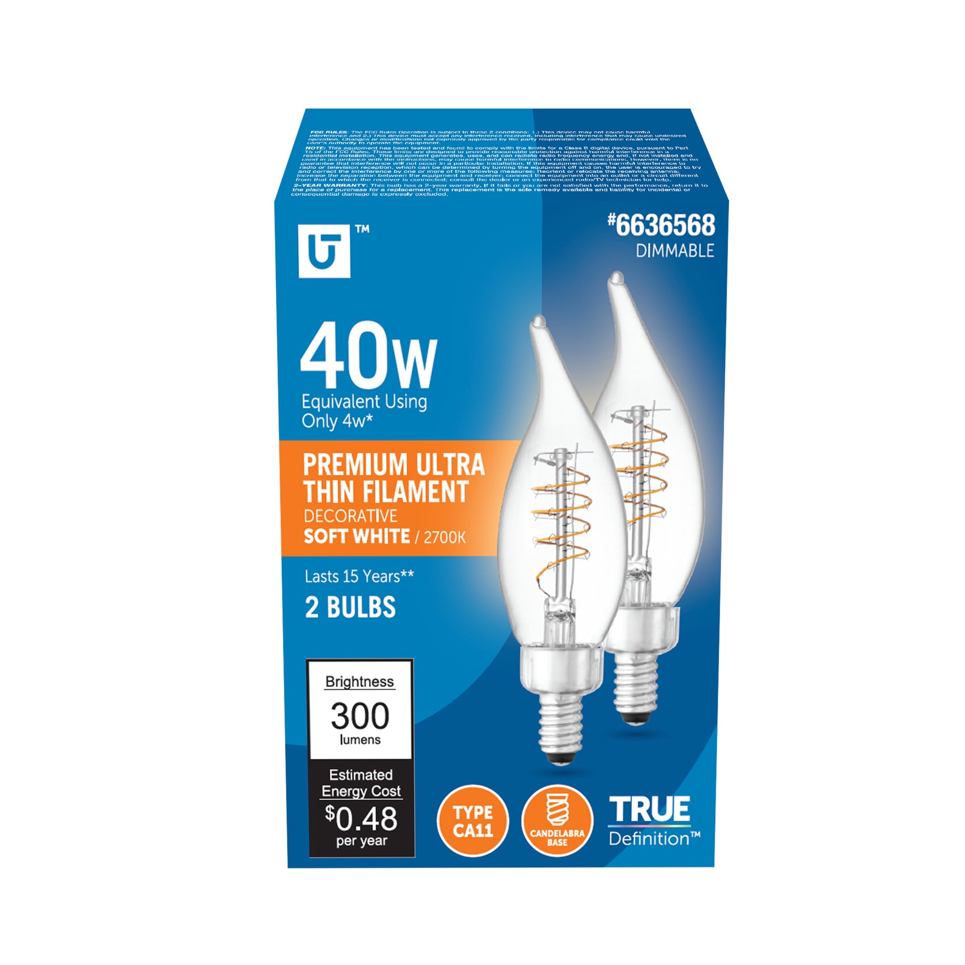 slide 1 of 6, Utilitech 40 -Watt EQ CA11 Soft white Candelabra base (E-12) Dimmable LED General purpose Light Bulb 2 -Pack, 1 ct