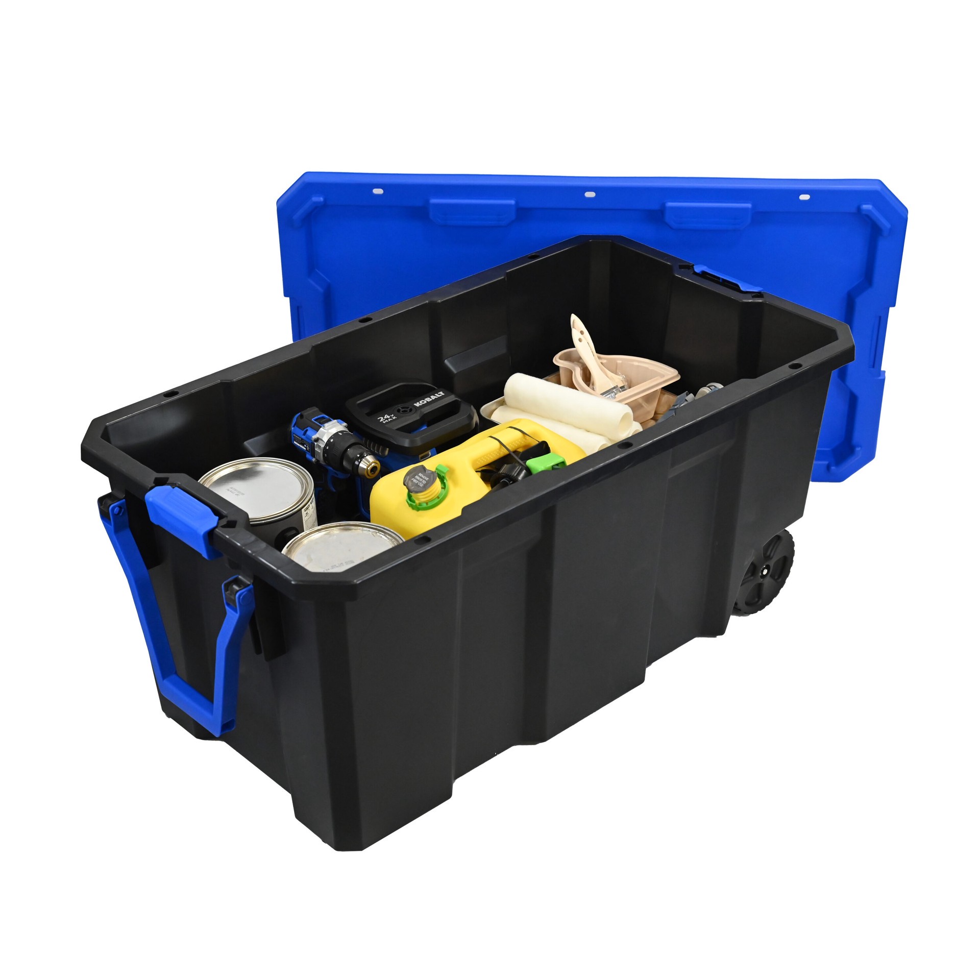 slide 4 of 6, Kobalt X-large 50 -Gallons ( 200 -Quarts ) Black Heavy Duty Rolling Stackable Tote with Latching Lid, 1 ct