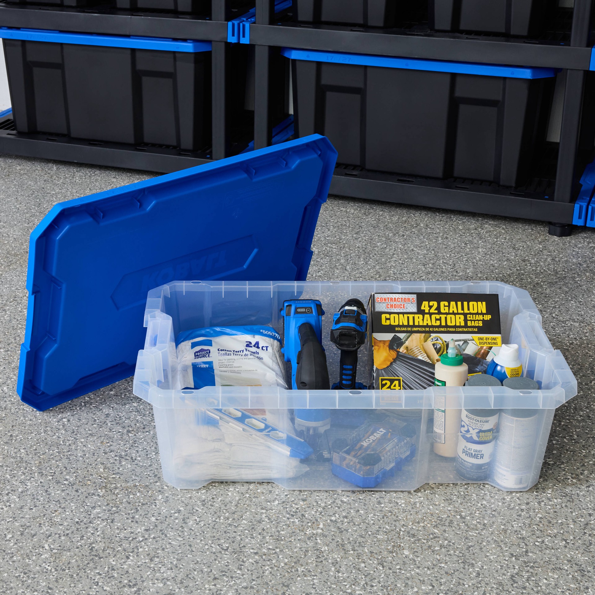 slide 2 of 6, Kobalt Medium 17 -Gallons ( 68 -Quarts ) Clear Heavy Duty Stackable Tote with Latching Lid, 1 ct