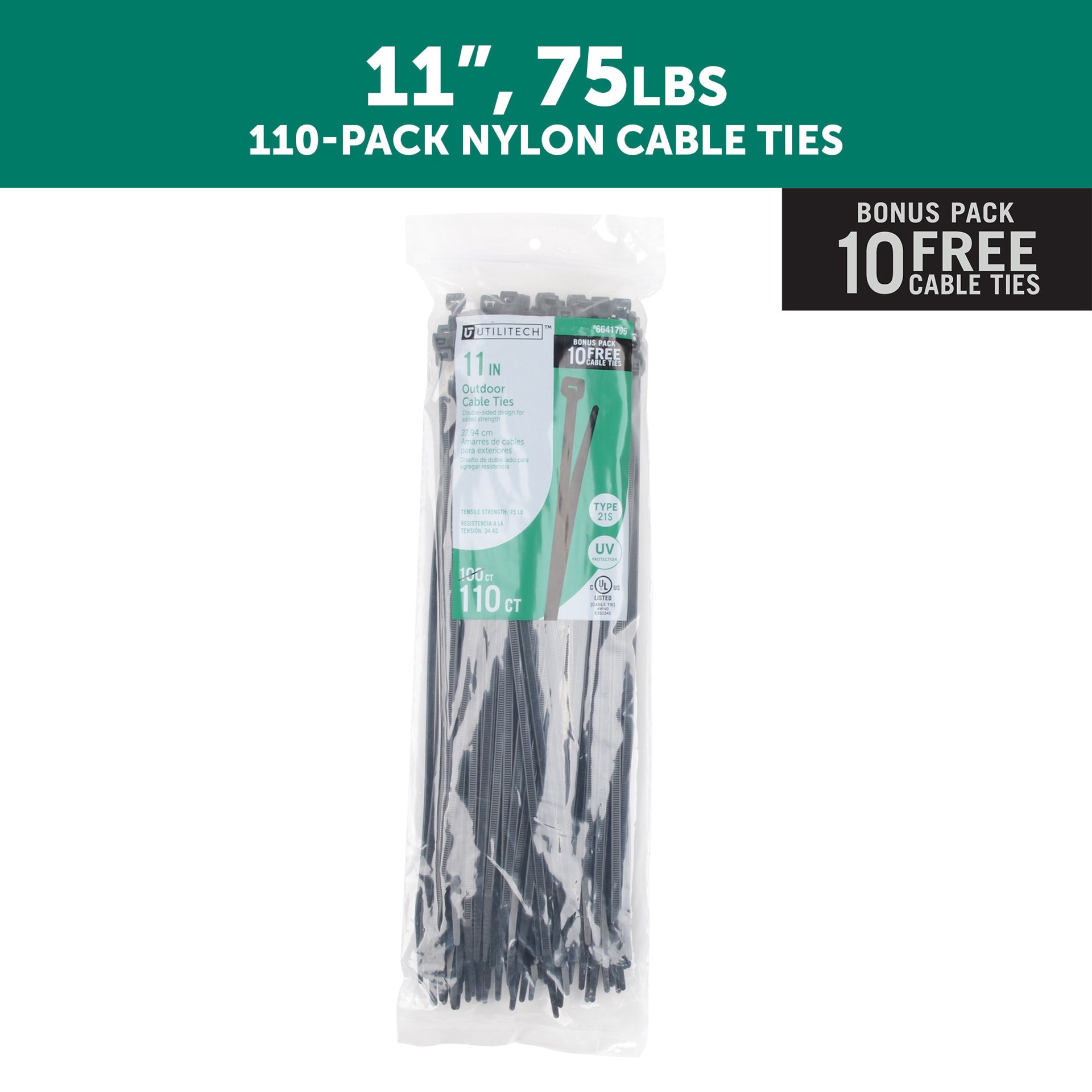 slide 2 of 6, Utilitech 11-in 75.0-lb Tensile Strength Nylon Zip ties Black with UV Protection 110 -Pack, 1 ct
