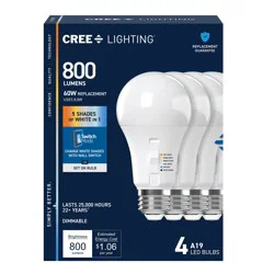 Cree Lighting Switch Mode 60 -Watt EQ A19 Switchable white Medium screw base E26 Dimmable LED General purpose Light Bulb 4 -Pack