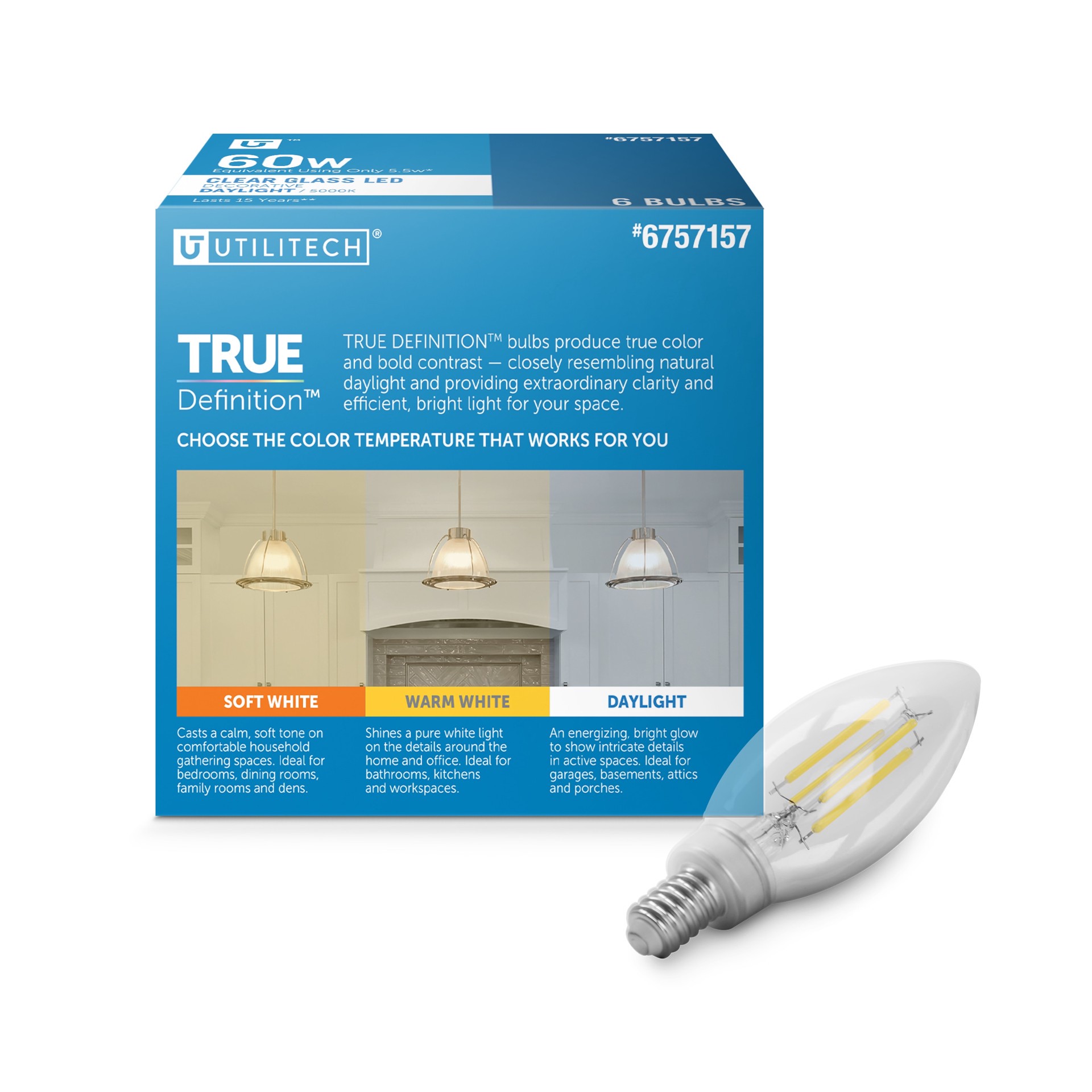 slide 4 of 6, Utilitech 60 -Watt EQ B10 Daylight Candelabra base (E-12) Dimmable LED Decorative Light Bulb 6 -Pack, 1 ct