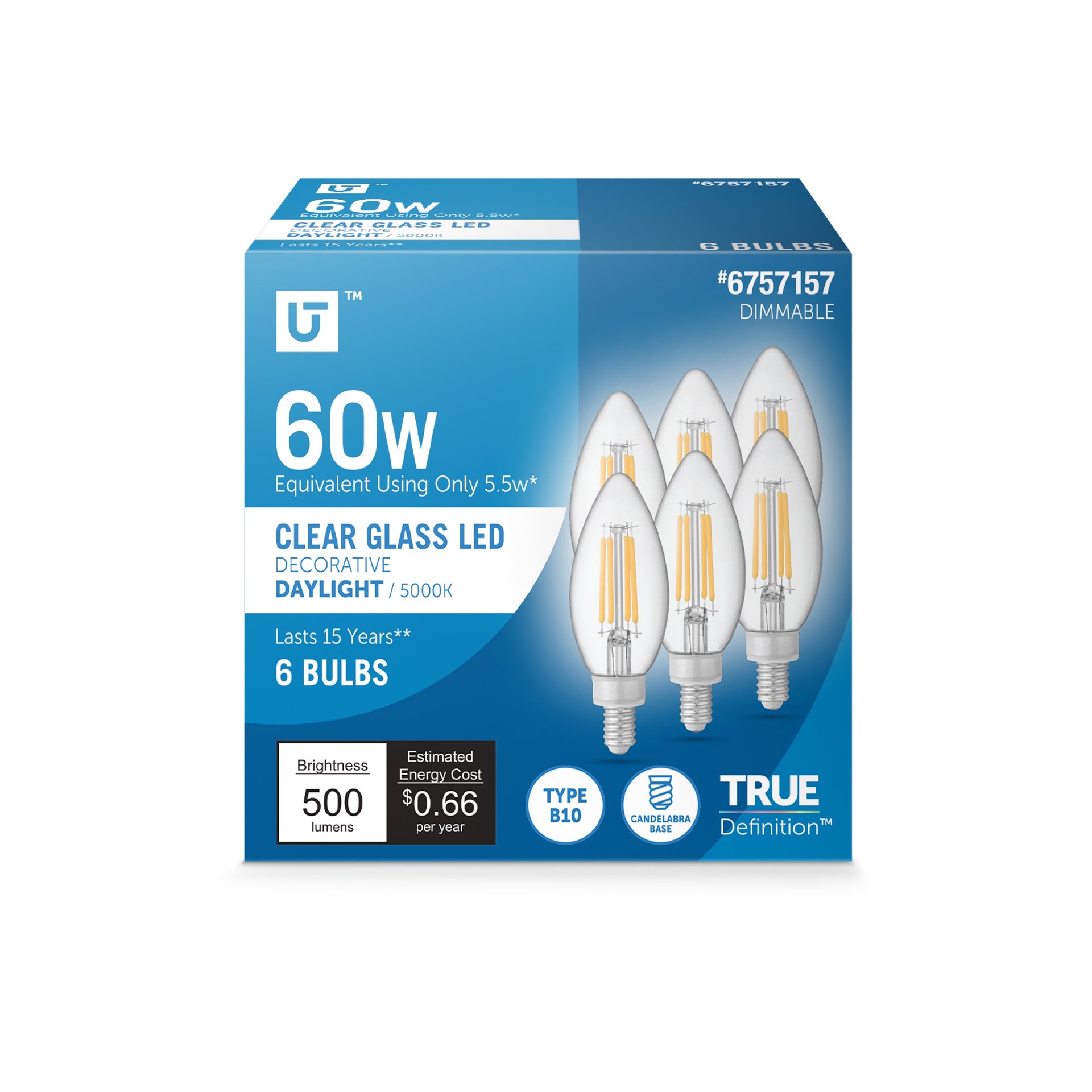 slide 1 of 6, Utilitech 60 -Watt EQ B10 Daylight Candelabra base (E-12) Dimmable LED Decorative Light Bulb 6 -Pack, 1 ct