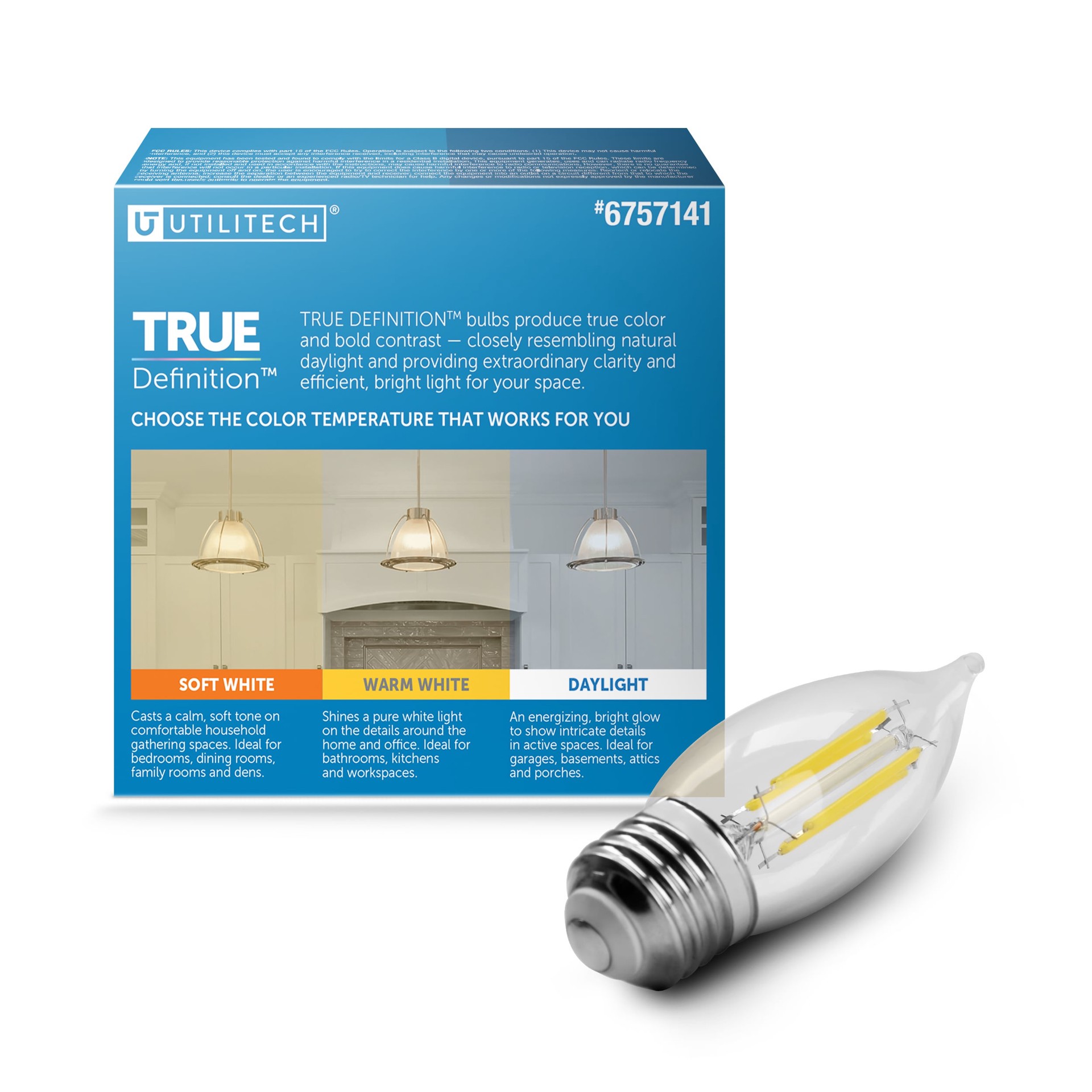 slide 4 of 6, Utilitech 40 -Watt EQ B10 Soft white E26 Dimmable LED Decorative Light Bulb 3 -Pack, 1 ct