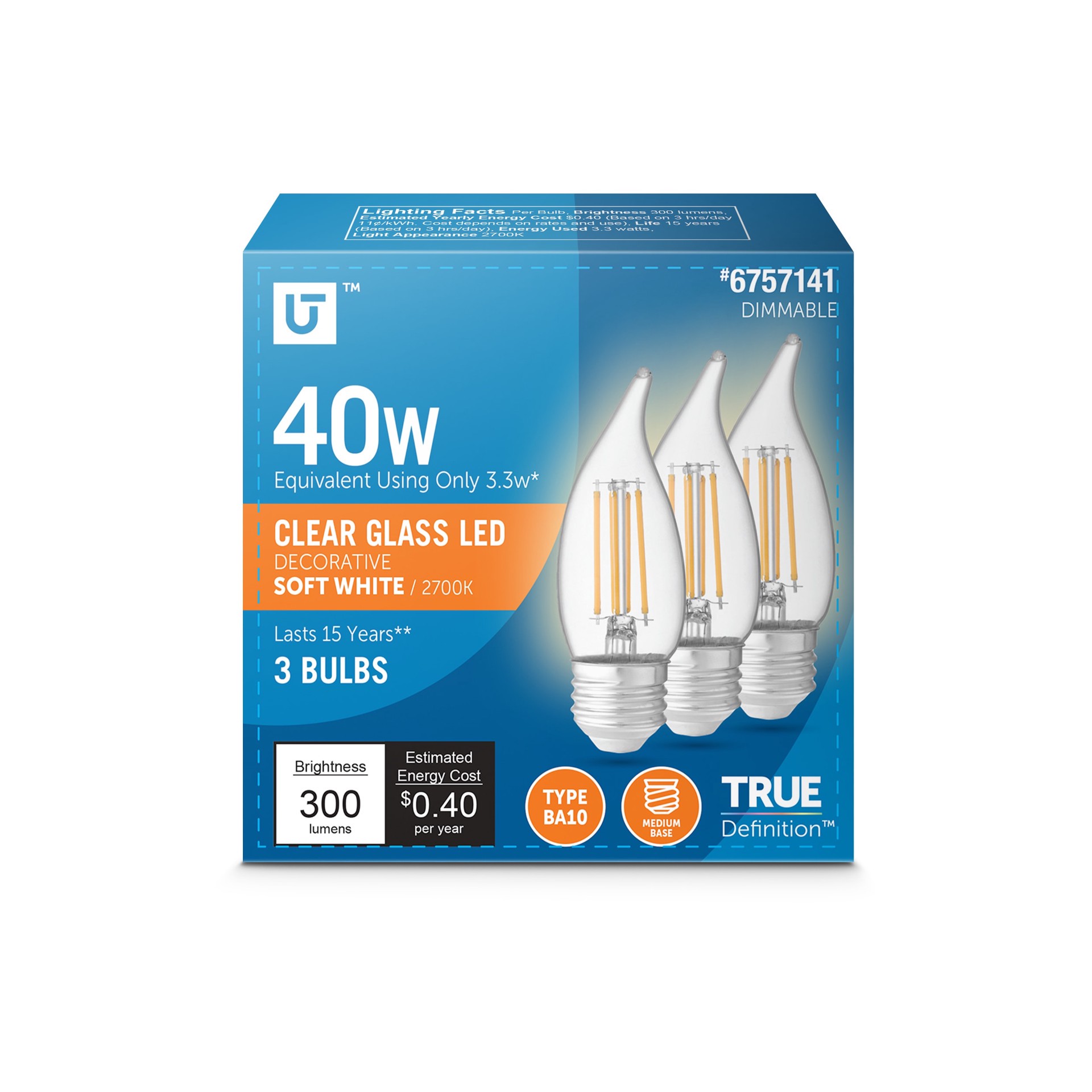 slide 1 of 6, Utilitech 40 -Watt EQ B10 Soft white E26 Dimmable LED Decorative Light Bulb 3 -Pack, 1 ct