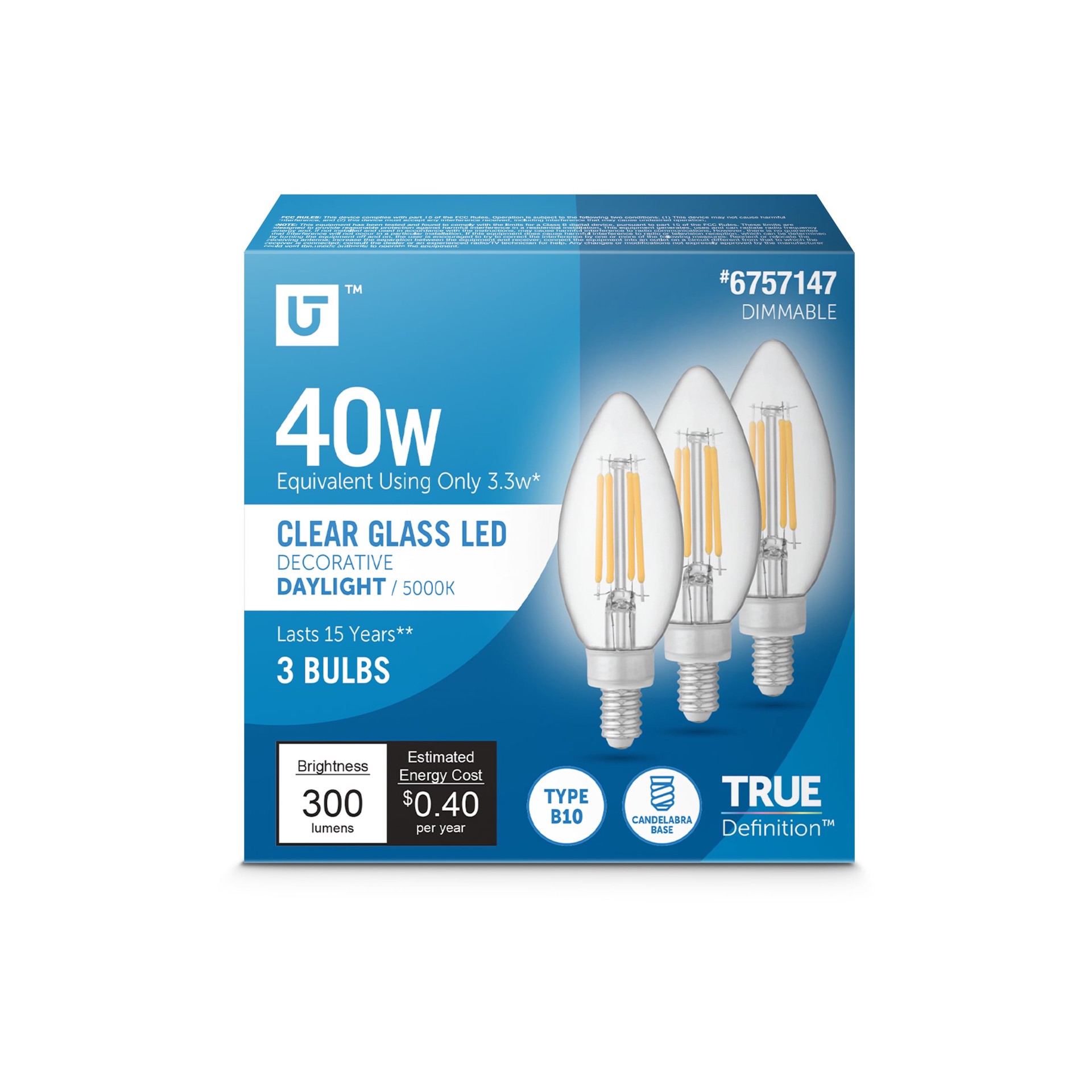 slide 1 of 6, Utilitech 40 -Watt EQ B10 Daylight Candelabra base (E-12) Dimmable LED Decorative Light Bulb 3 -Pack, 1 ct