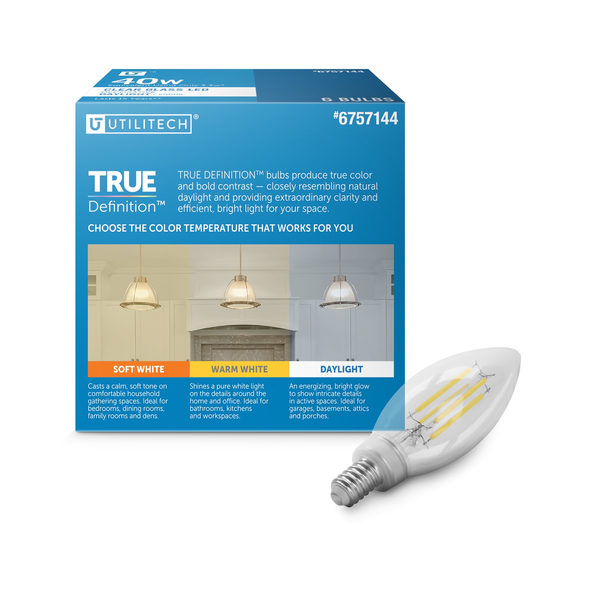 slide 4 of 6, Utilitech 40 -Watt EQ B10 Daylight Candelabra base (E-12) Dimmable LED Decorative Light Bulb 6 -Pack, 1 ct
