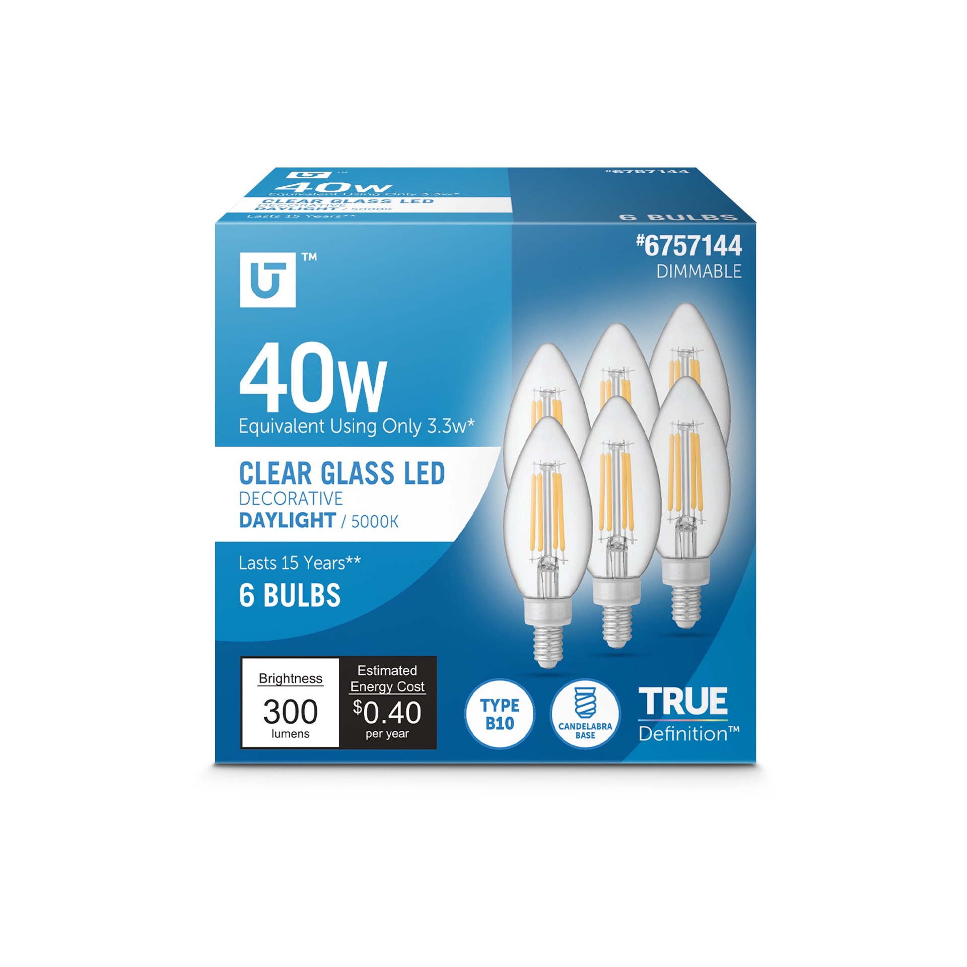 slide 1 of 6, Utilitech 40 -Watt EQ B10 Daylight Candelabra base (E-12) Dimmable LED Decorative Light Bulb 6 -Pack, 1 ct