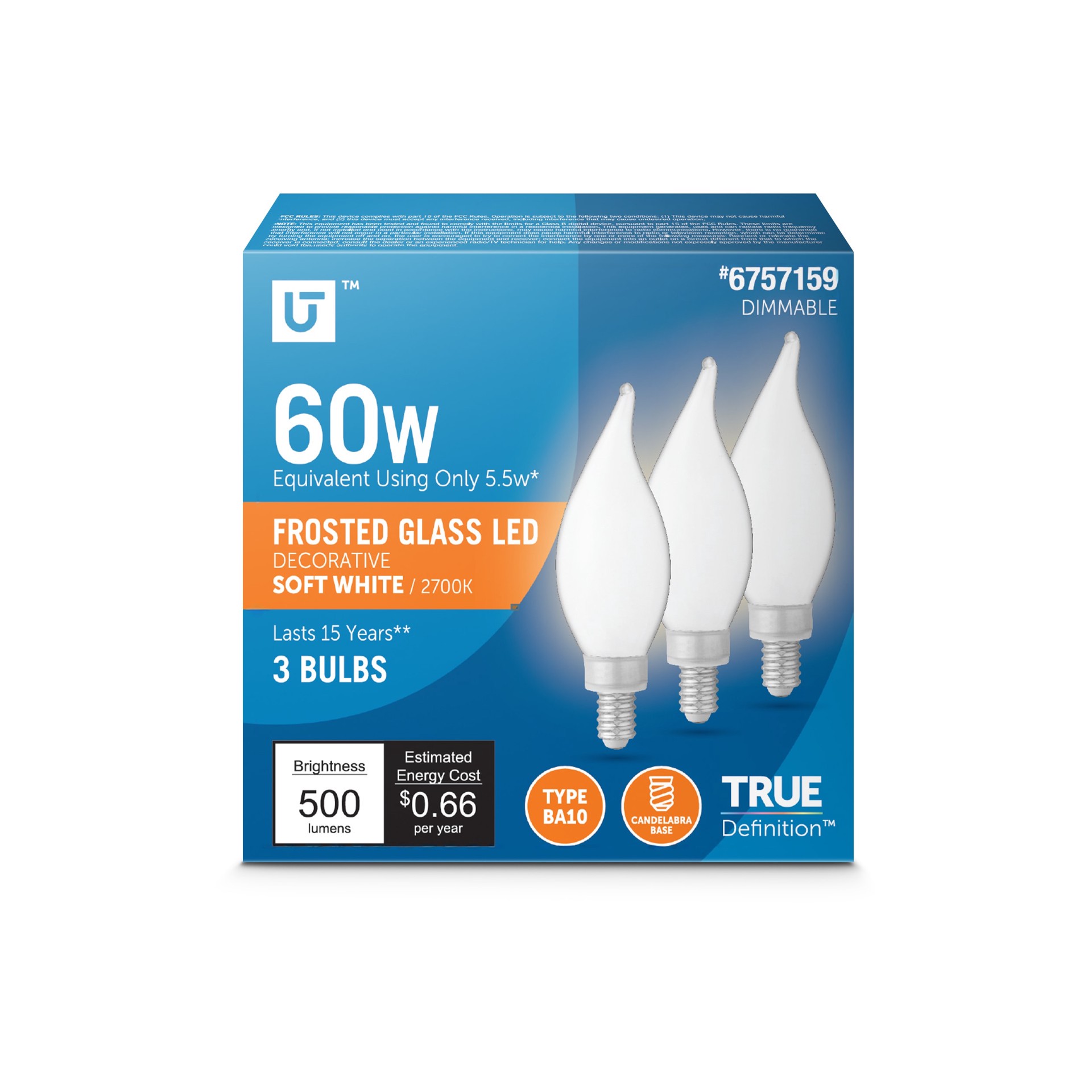 slide 1 of 6, Utilitech 60 -Watt EQ B10 Soft white Candelabra base (E-12) Dimmable LED Decorative Light Bulb 3 -Pack, 1 ct