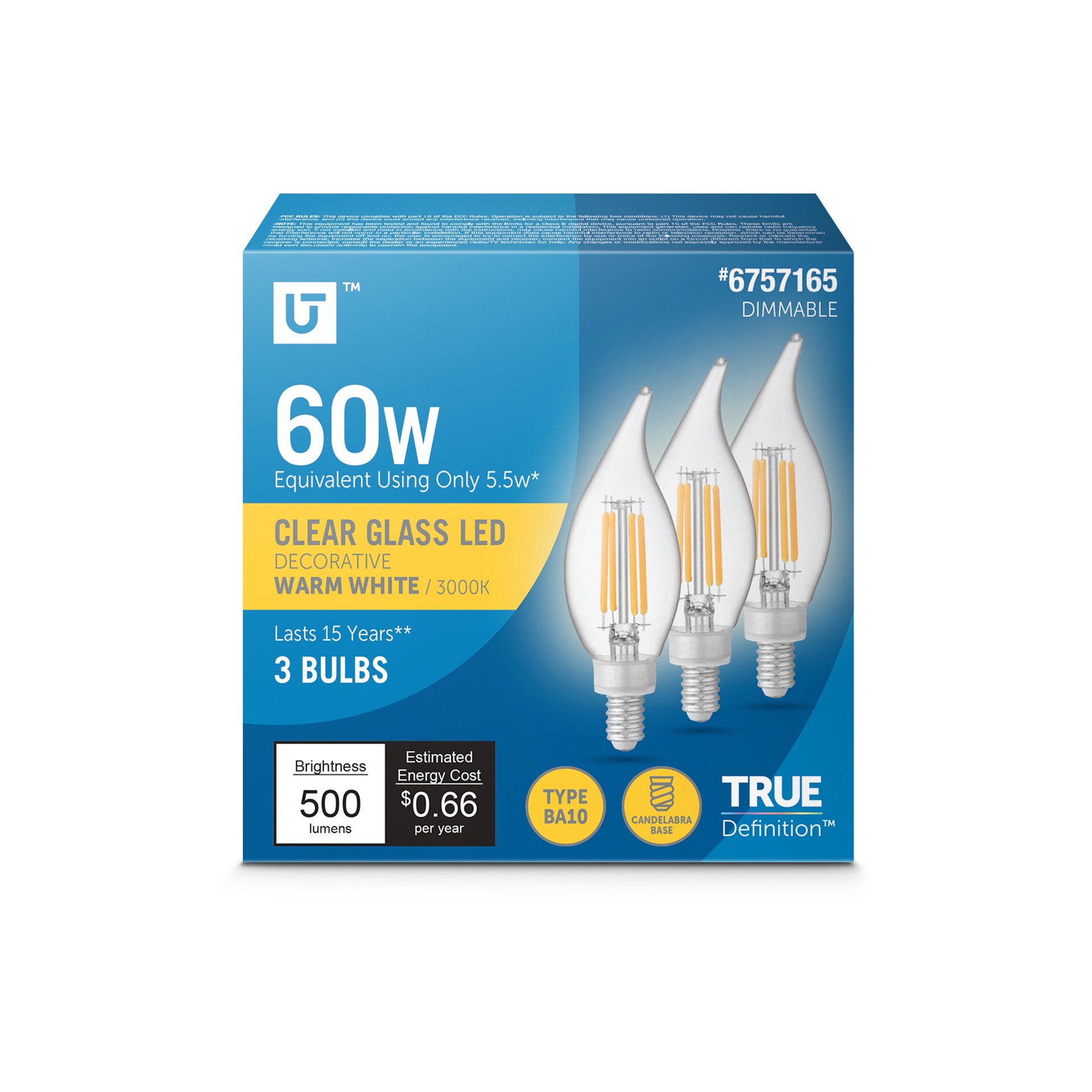 slide 1 of 6, Utilitech 60 -Watt EQ B10 Warm white Candelabra base (E-12) Dimmable LED Decorative Light Bulb 3 -Pack, 1 ct