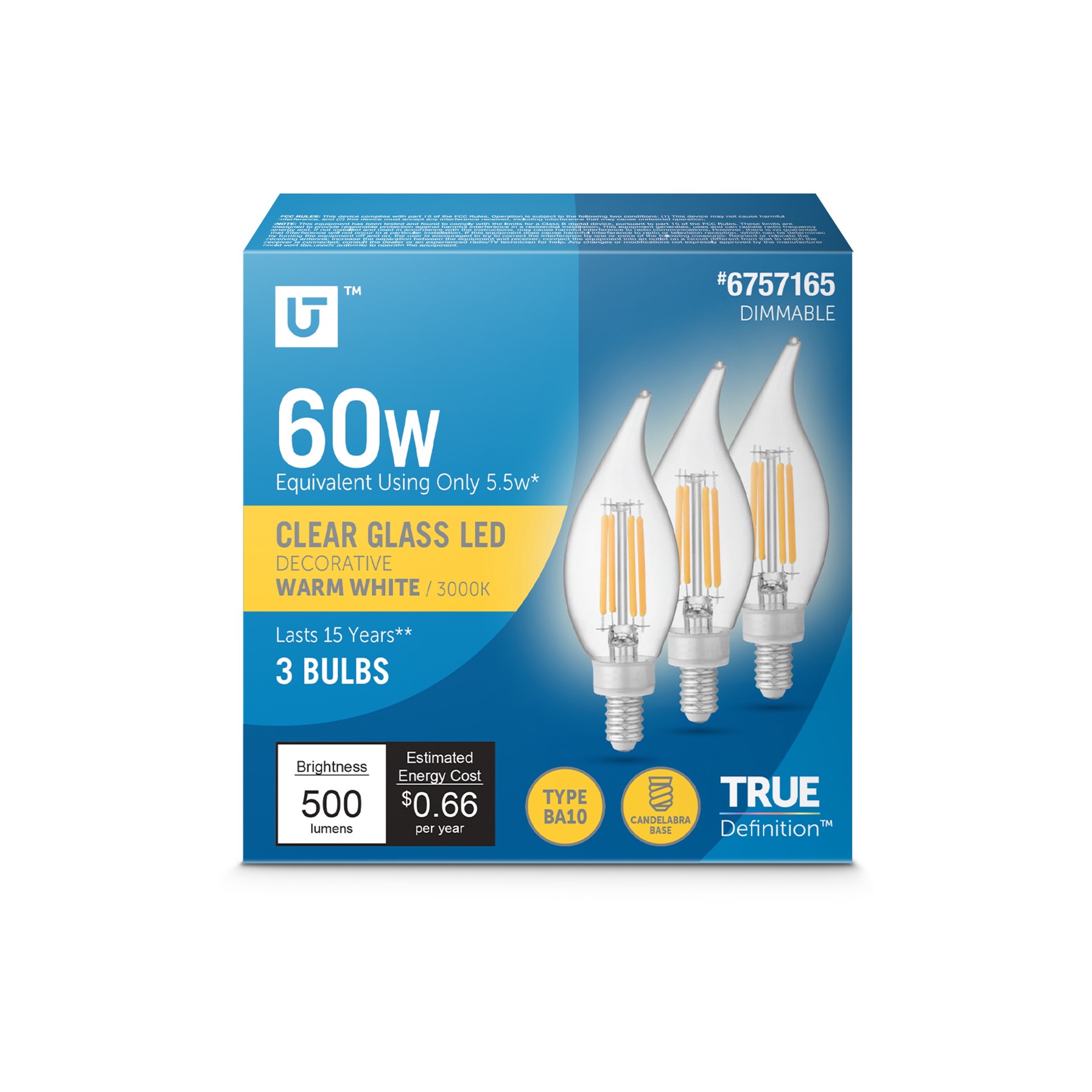 slide 1 of 6, Utilitech 40 -Watt EQ B10 Soft white Candelabra base (E-12) Dimmable LED Decorative Light Bulb 3 -Pack, 1 ct