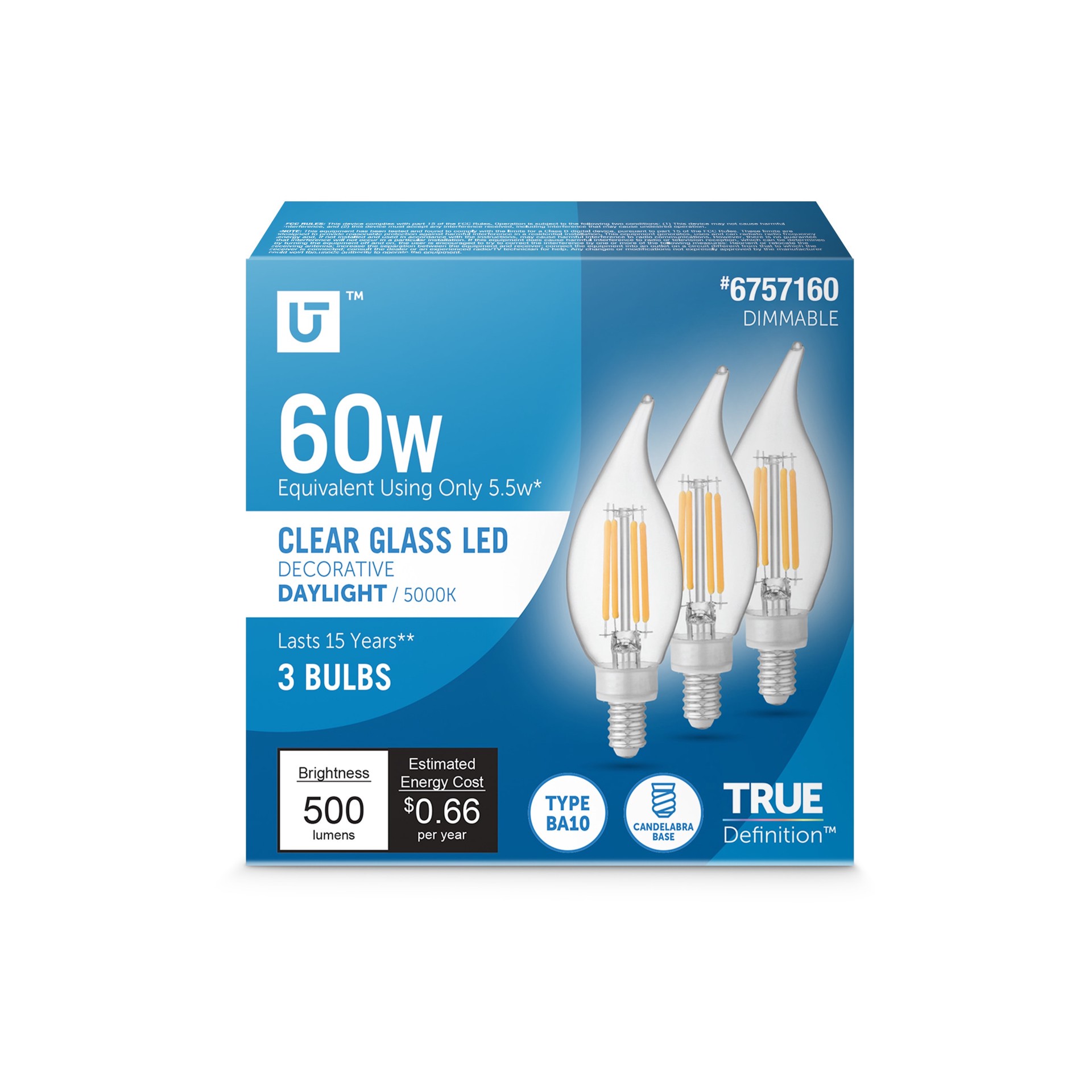 slide 1 of 6, Utilitech 60 -Watt EQ B10 Daylight Candelabra base (E-12) Dimmable LED Decorative Light Bulb 3 -Pack, 1 ct