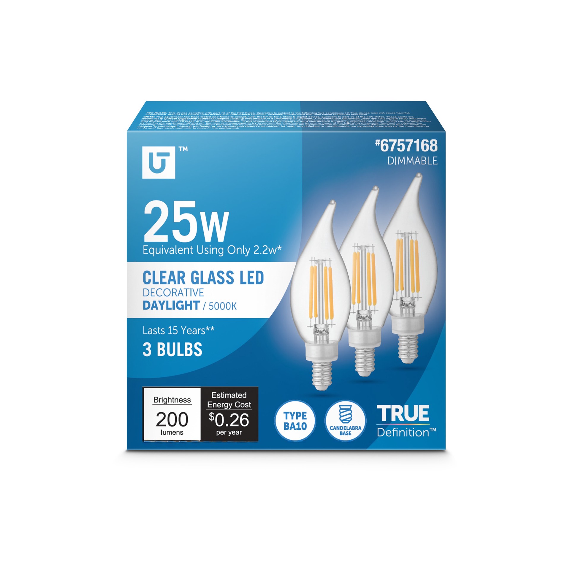 slide 1 of 6, Utilitech 25 -Watt EQ B10 Daylight Candelabra base (E-12) Dimmable LED Decorative Light Bulb 3 -Pack, 1 ct