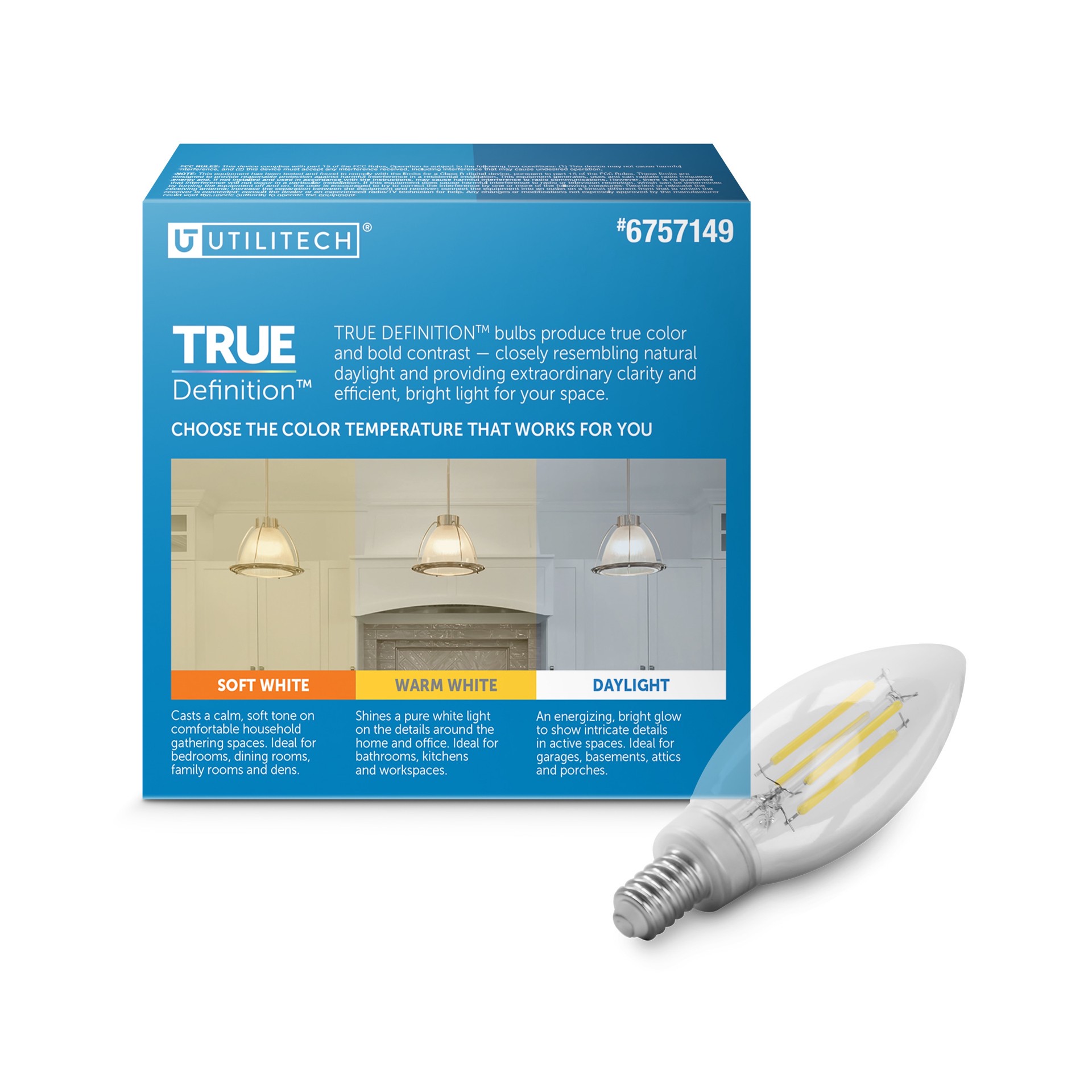 slide 4 of 6, Utilitech 40 -Watt EQ B10 Warm white Candelabra base (E-12) Dimmable LED Decorative Light Bulb 3 -Pack, 1 ct