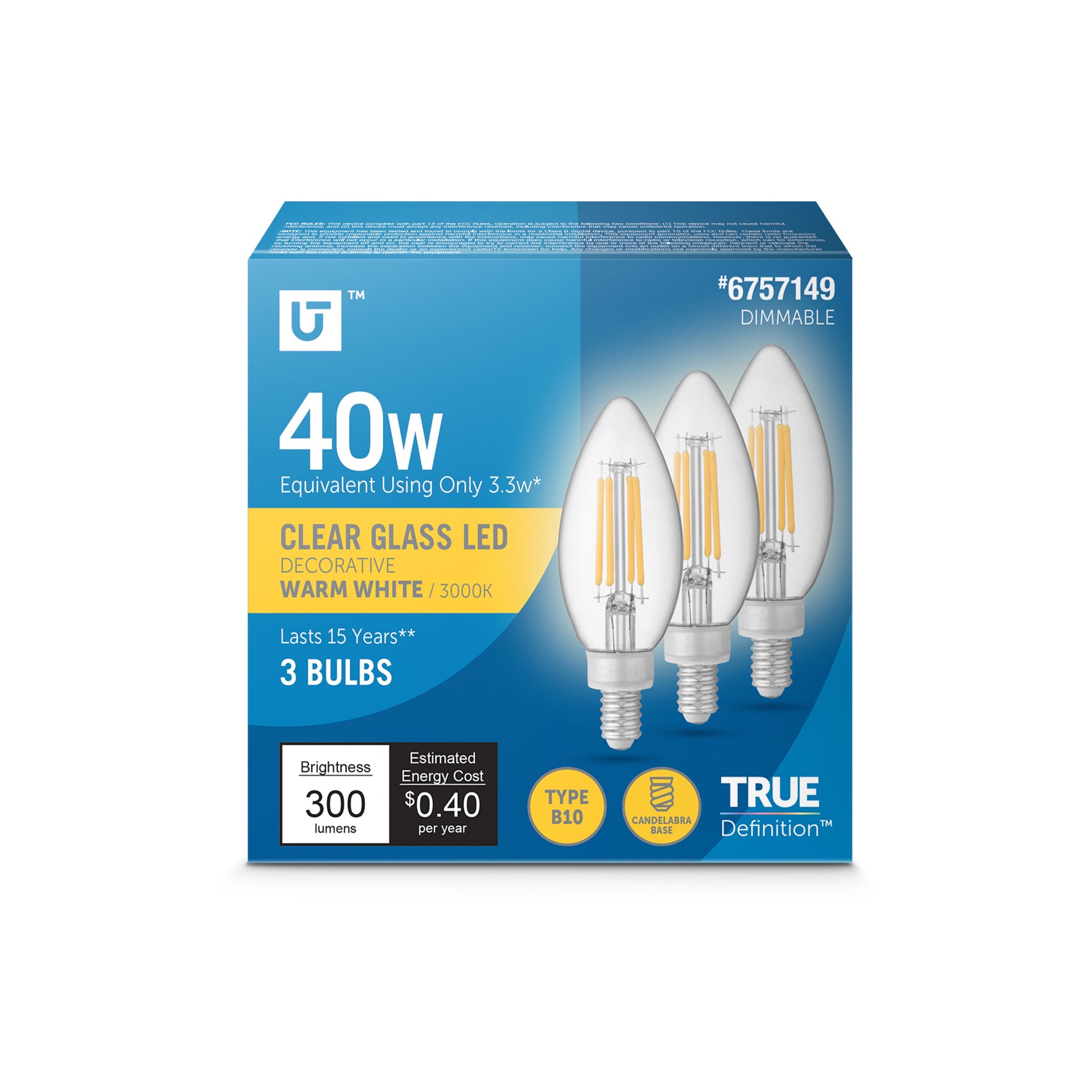 slide 1 of 6, Utilitech 40 -Watt EQ B10 Warm white Candelabra base (E-12) Dimmable LED Decorative Light Bulb 3 -Pack, 1 ct