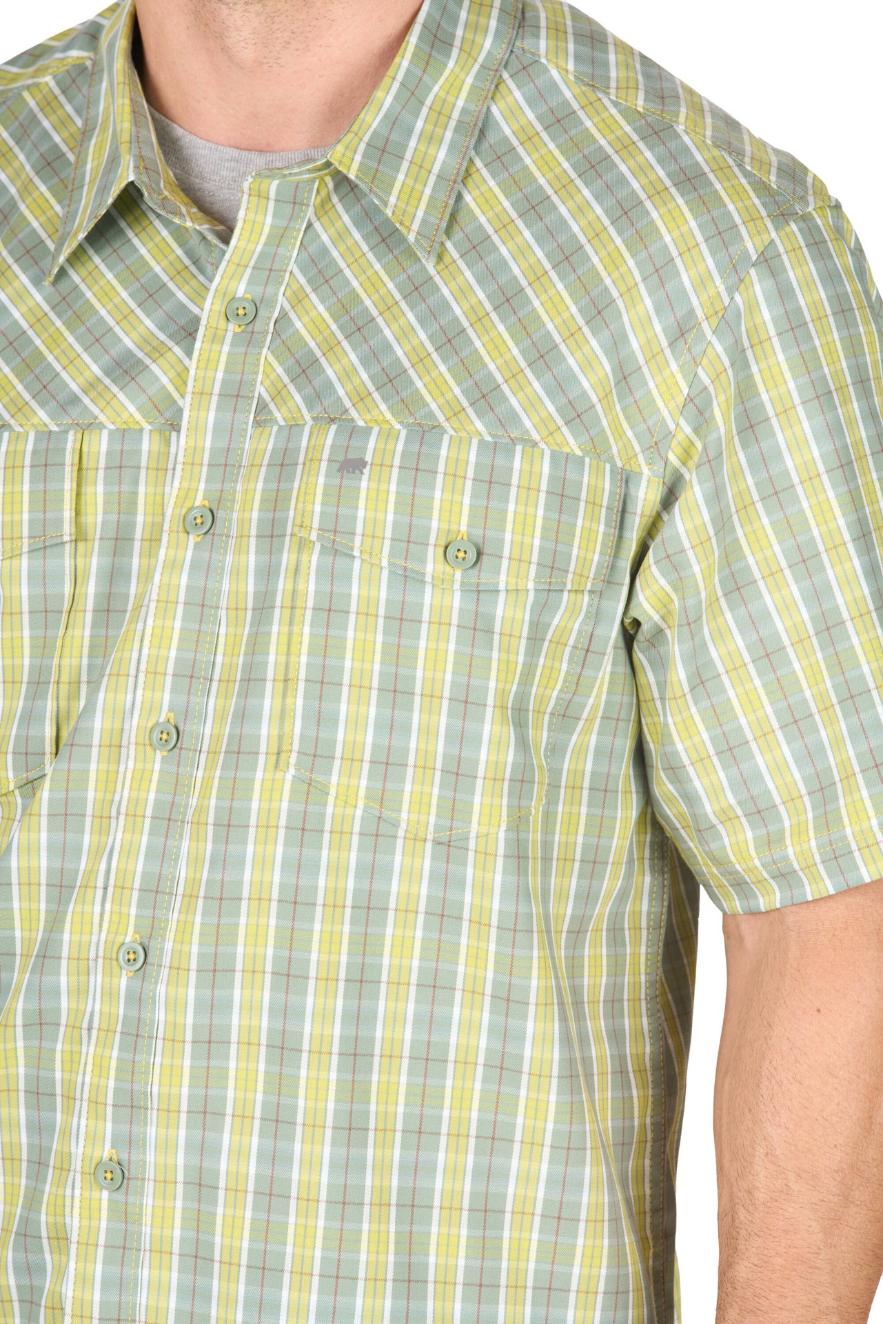 slide 4 of 4, BERNE APPAREL Men's Yellow Poplin Short sleeve Checked Button-down shirt ( XL ), 1 ct