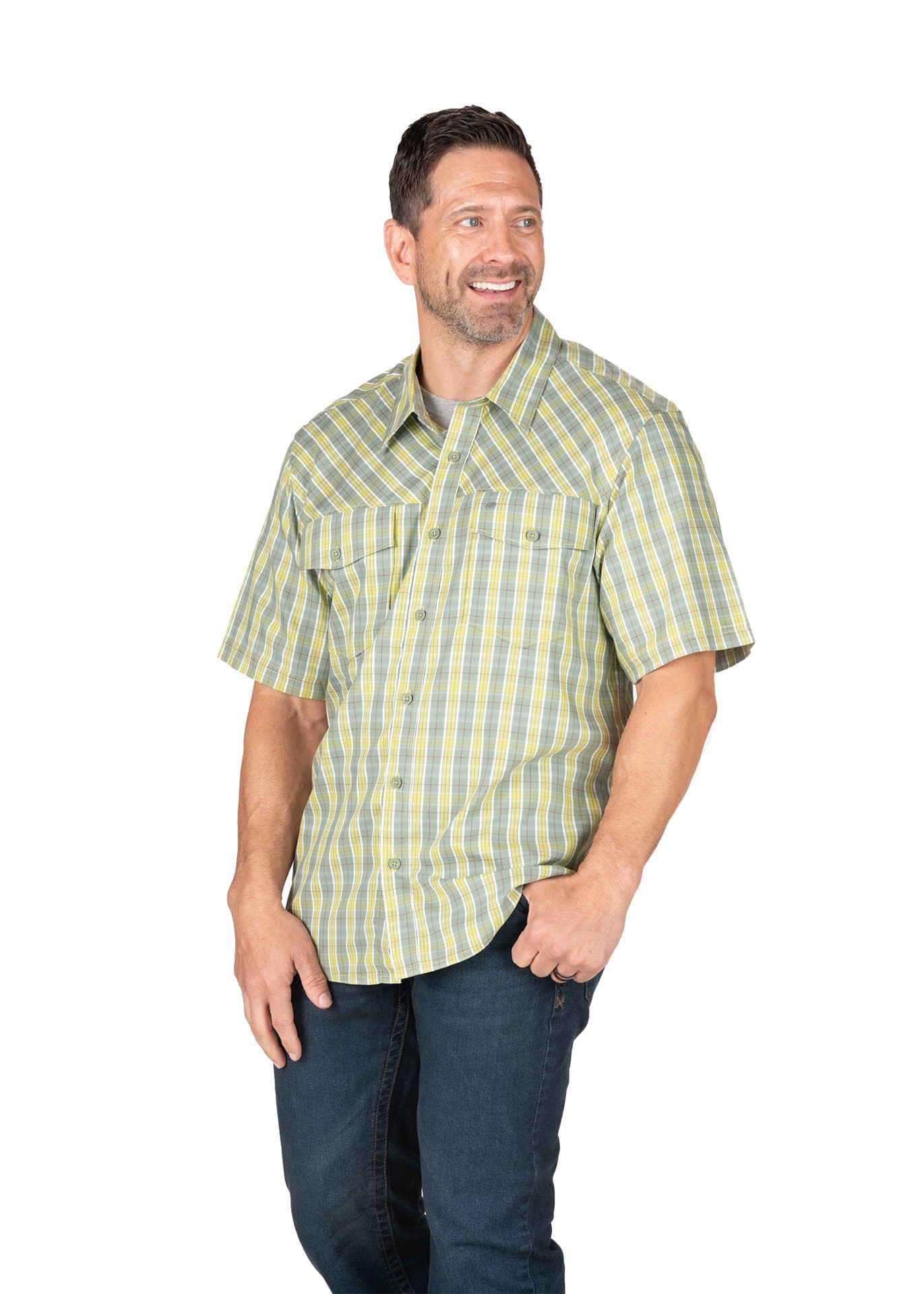 slide 1 of 4, BERNE APPAREL Men's Yellow Poplin Short sleeve Checked Button-down shirt ( Large ), 1 ct