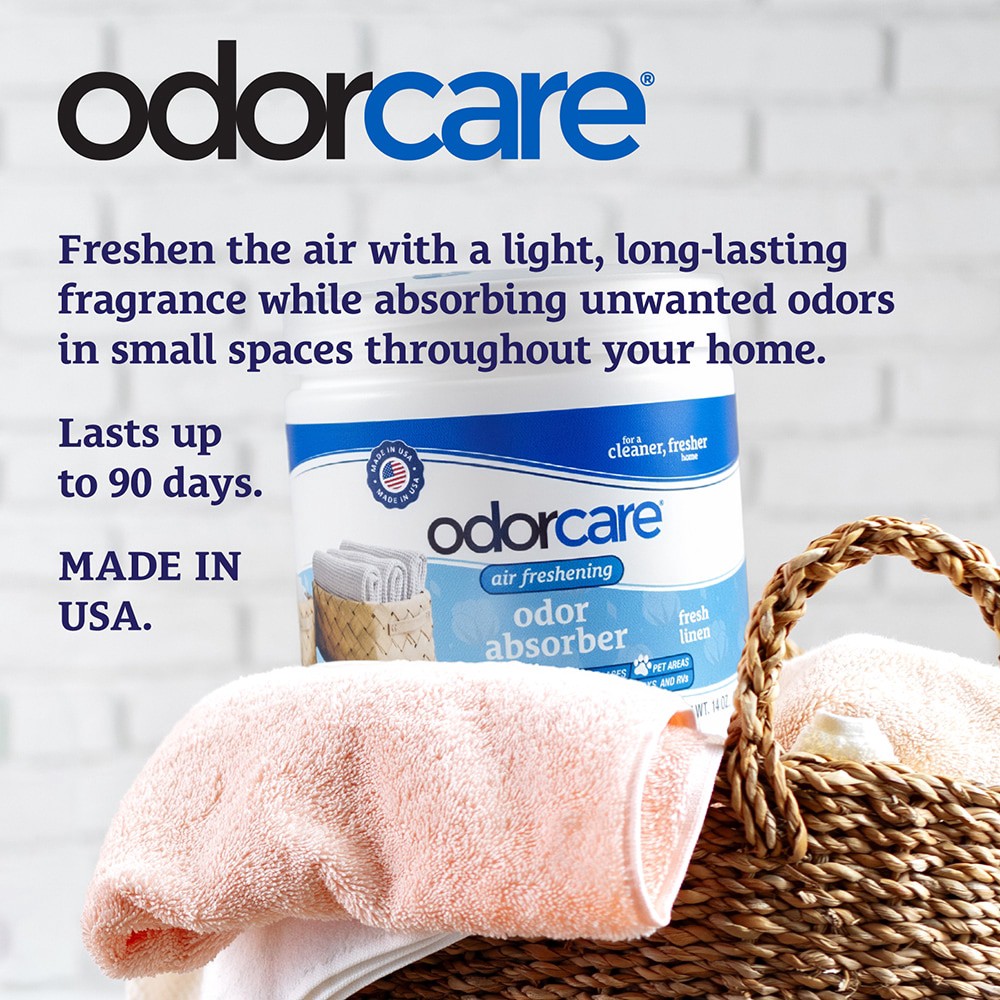 slide 2 of 6, OdorCare Gel Solid Odor Absorber, Odor Eliminator for Smoke Odor Musty Smell in Home, Bathroom, Kitchen, Pet Areas, Made in USA 14 -oz Fresh Linen Air Freshener, 1 ct