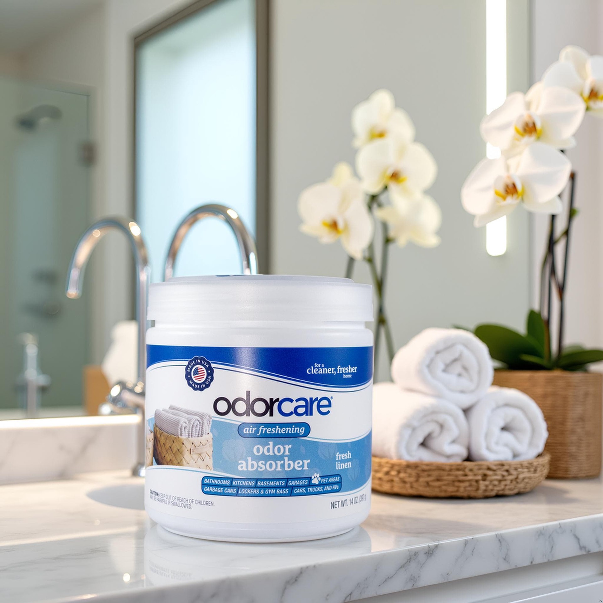 slide 6 of 6, OdorCare Gel Solid Odor Absorber, Odor Eliminator for Smoke Odor Musty Smell in Home, Bathroom, Kitchen, Pet Areas, Made in USA 14 -oz Fresh Linen Air Freshener, 1 ct