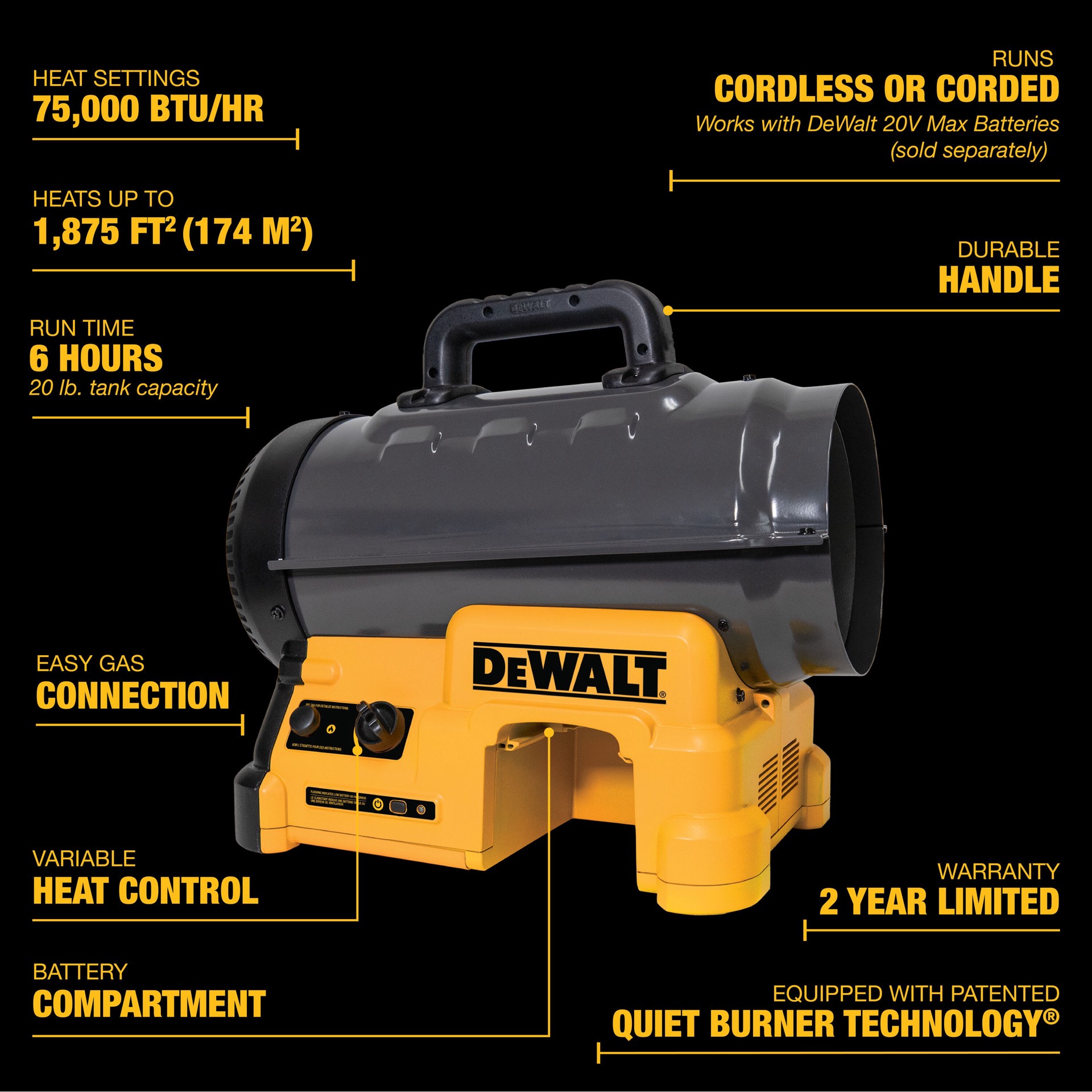 slide 5 of 6, DEWALT Forced Air Propane Heater 75000 -BTU Outdoor Portable Forced air Propane Heater, 1 ct