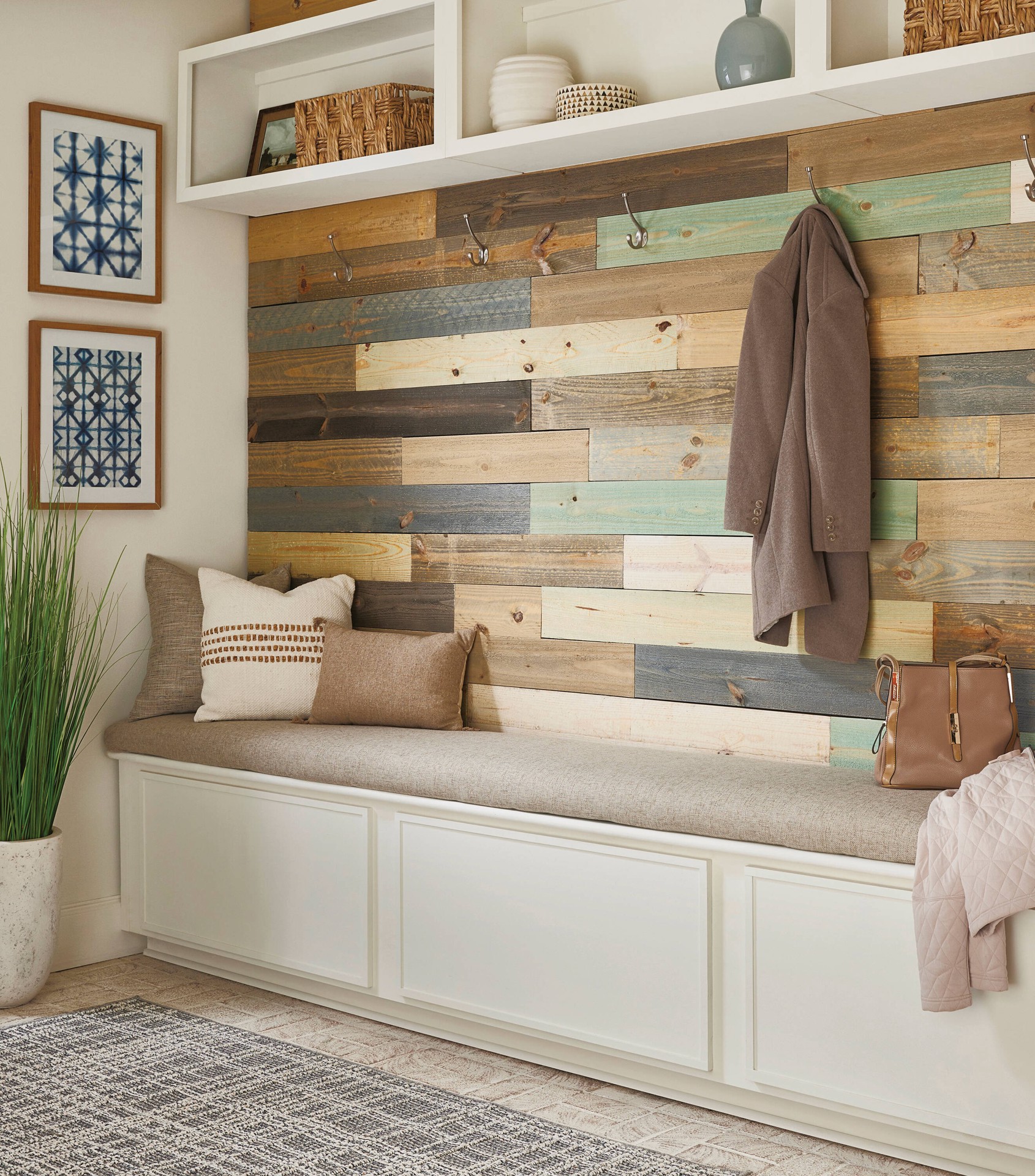 slide 2 of 4, Style Selections 5/16-in x 5-1/2-in x 3-ft 11-1/2-in Finished Multiple Colors Pine Wood Square Rough sawn Wall Plank 5 -Pack, 1 ct