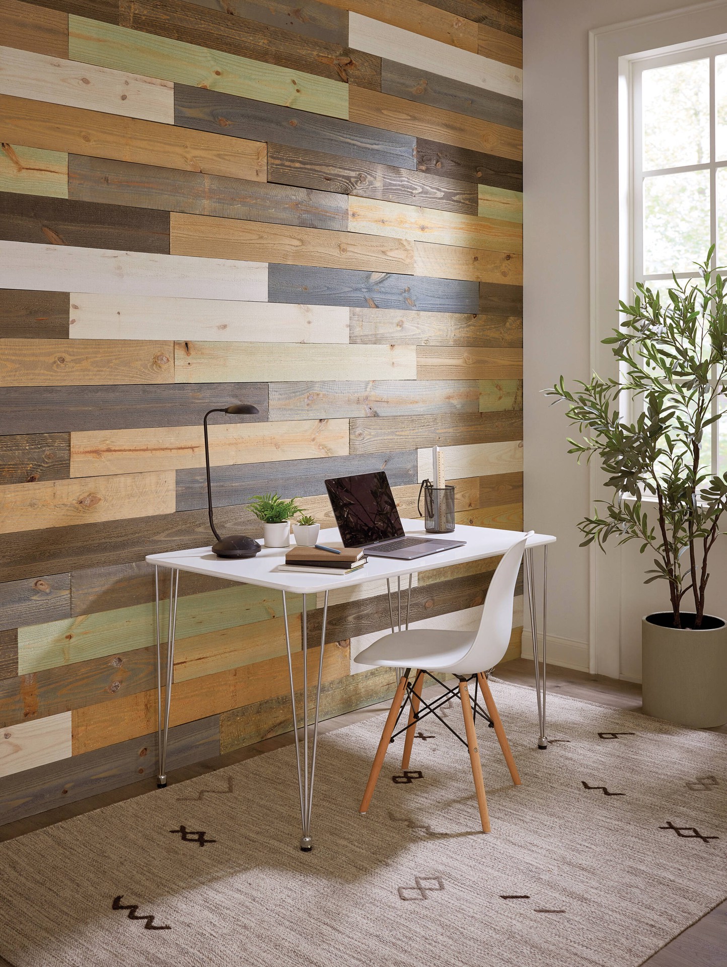 slide 3 of 4, Style Selections 5/16-in x 5-1/2-in x 3-ft 11-1/2-in Finished Multiple Colors Pine Wood Square Rough sawn Wall Plank 5 -Pack, 1 ct