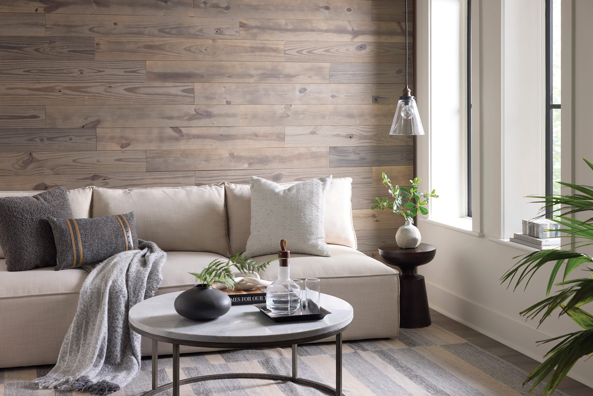 slide 2 of 3, Style Selections 3/8-in x 5-1/2-in x 3-ft 11-1/2-in Reversible Finished Grey Pine Wood Square Rough sawn Wall Plank 6 -Pack, 1 ct