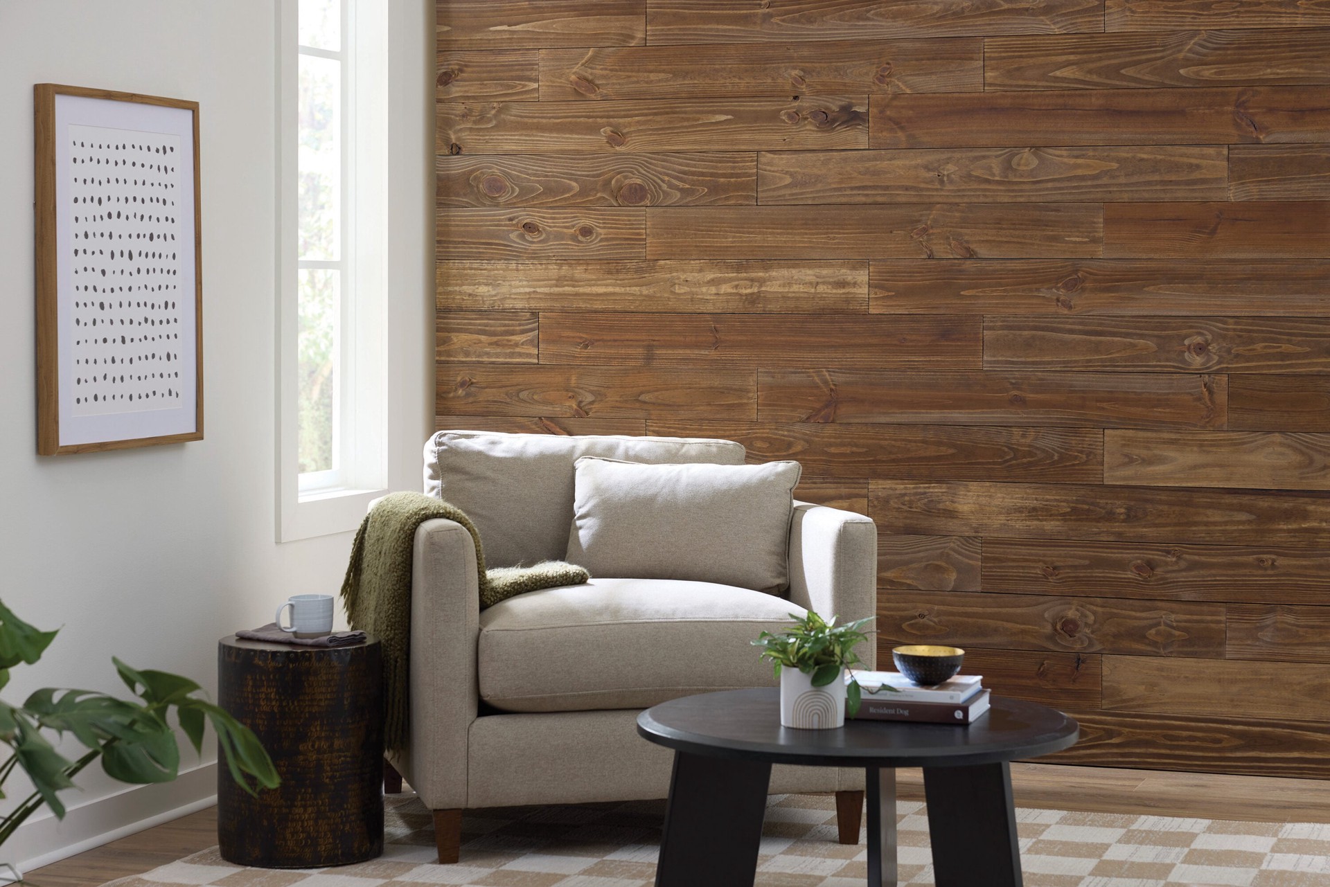 slide 2 of 3, Style Selections 5-1/2-in x 3.98-ft Brown Pine Wall Plank ( 6 -Pack , Covers 10.9-sq ft ), 1 ct